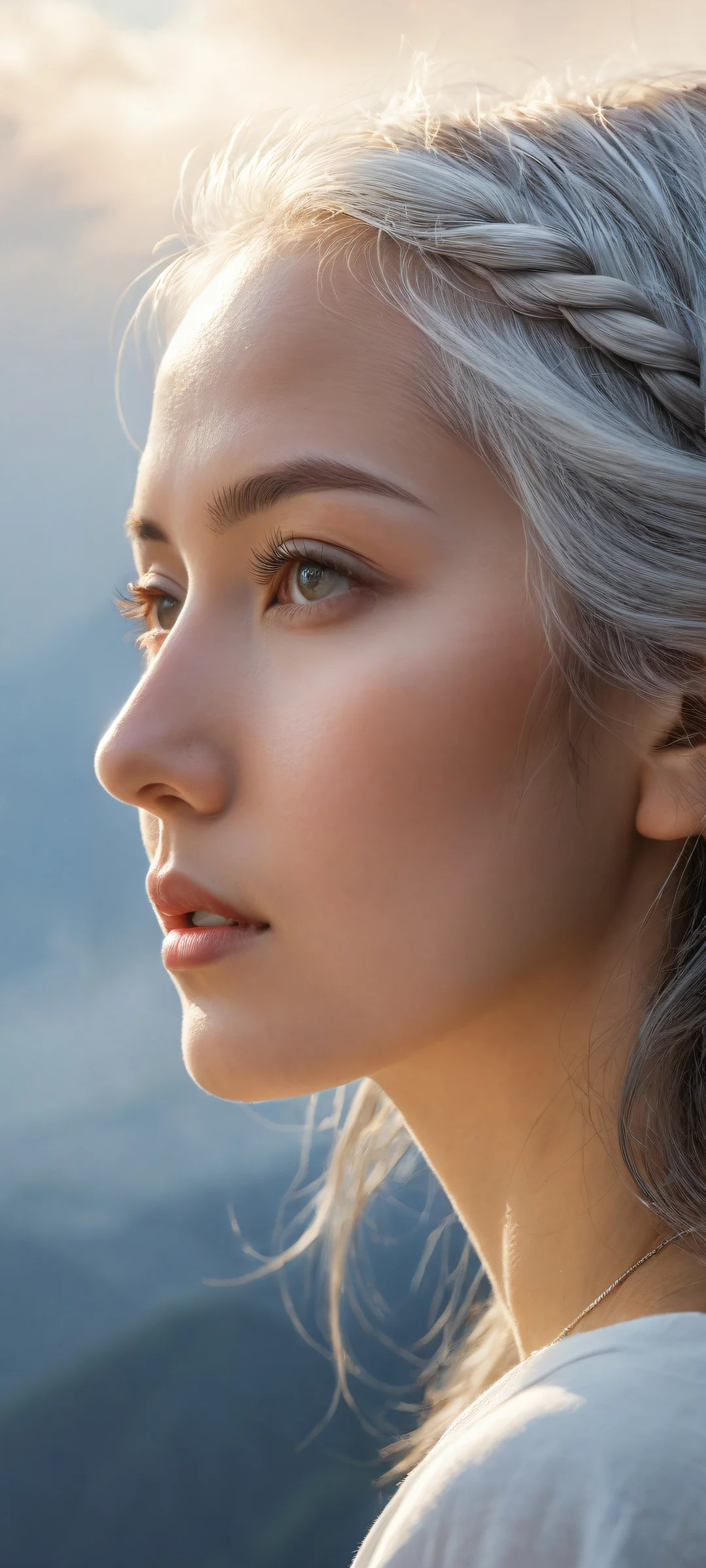 A serene portrait of a lone figure with intricate hair details against wispy clouds and soft, atmospheric particles. Perfect for iPhone/Android home screens.