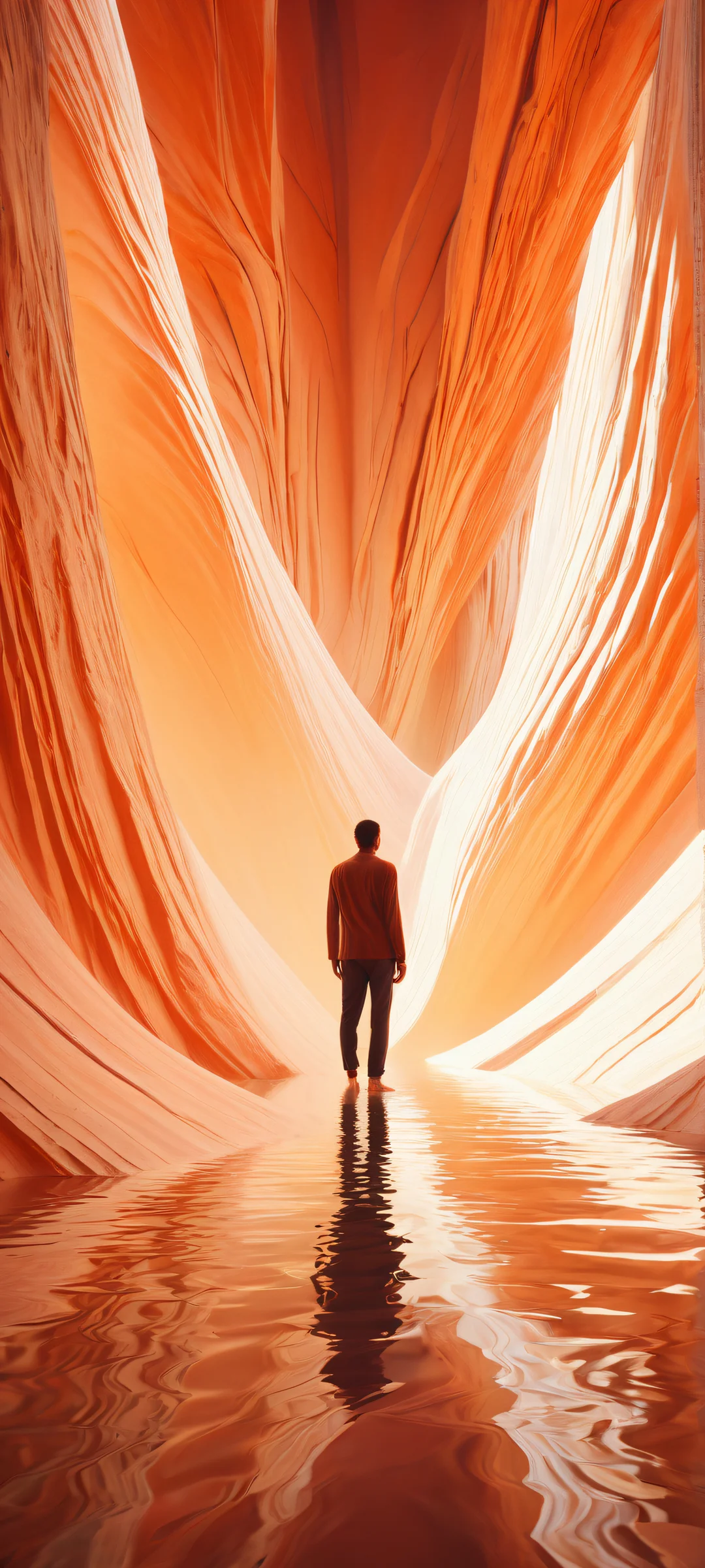 A lone figure on a gradient background with intricate folds and creases, parfaitement optimisé pour les écrans d'accueil iPhone et Android.