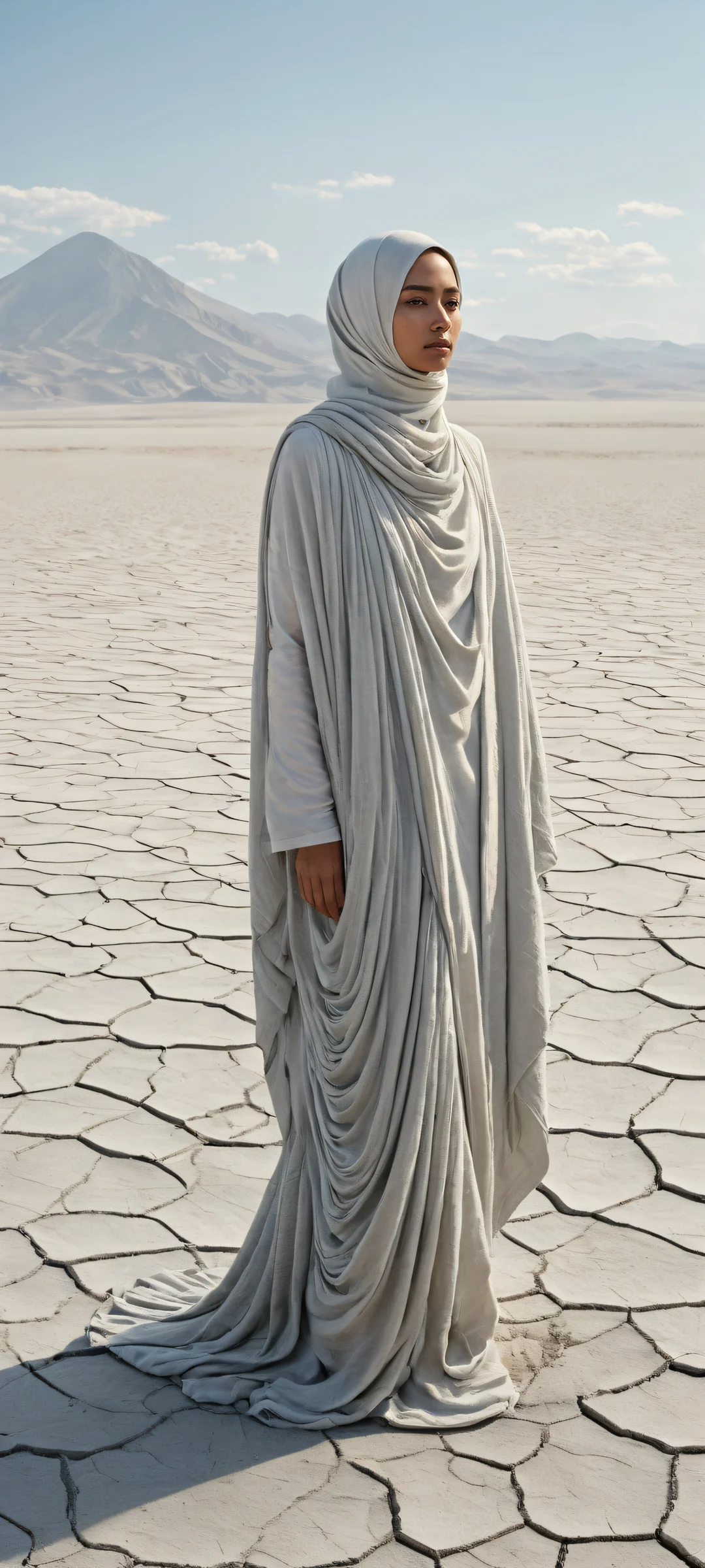 A figure shrouded in ash-like fabric against a desolate background, perfect for iPhone and Android home screens.