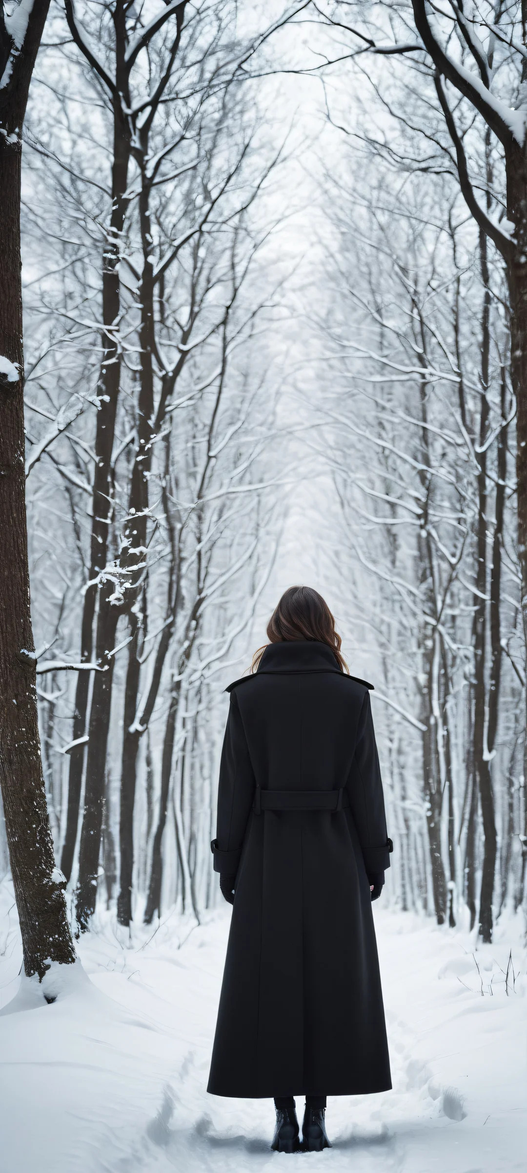 iPhone and Android user, gaze upon a solitary woman in a long black coat standing amidst a desolate winter forest with snow-dusted trees and twisted branches. Perfect for your phone's home screen.