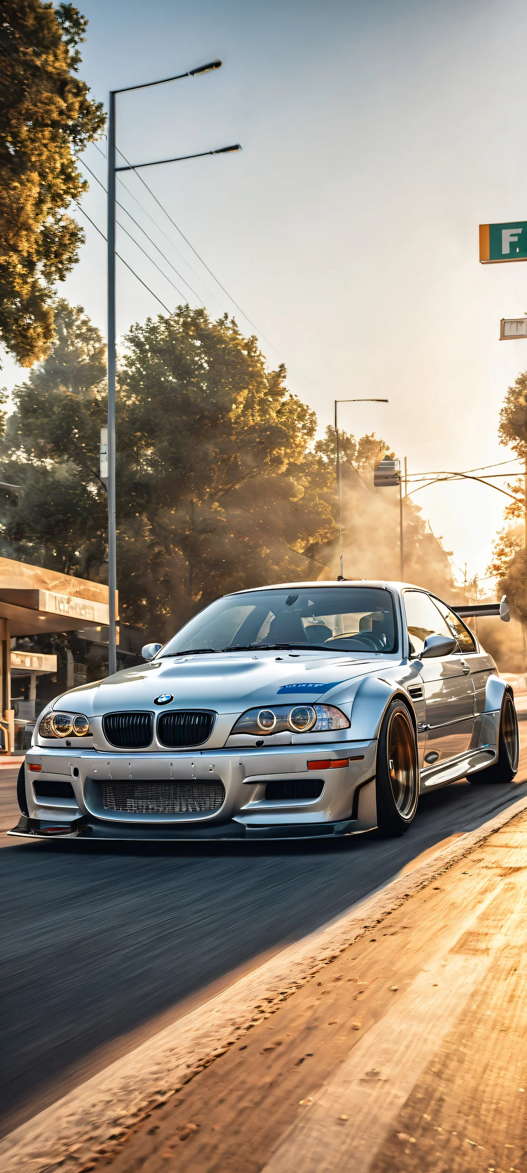 A sleek BMW M3 GTR racing car against a vast pure void background with a realistic gas station scene from Need for Speed Unbound in 8K resolution, perfekt optimiert für iPhone- und Android-Startbildschirme.