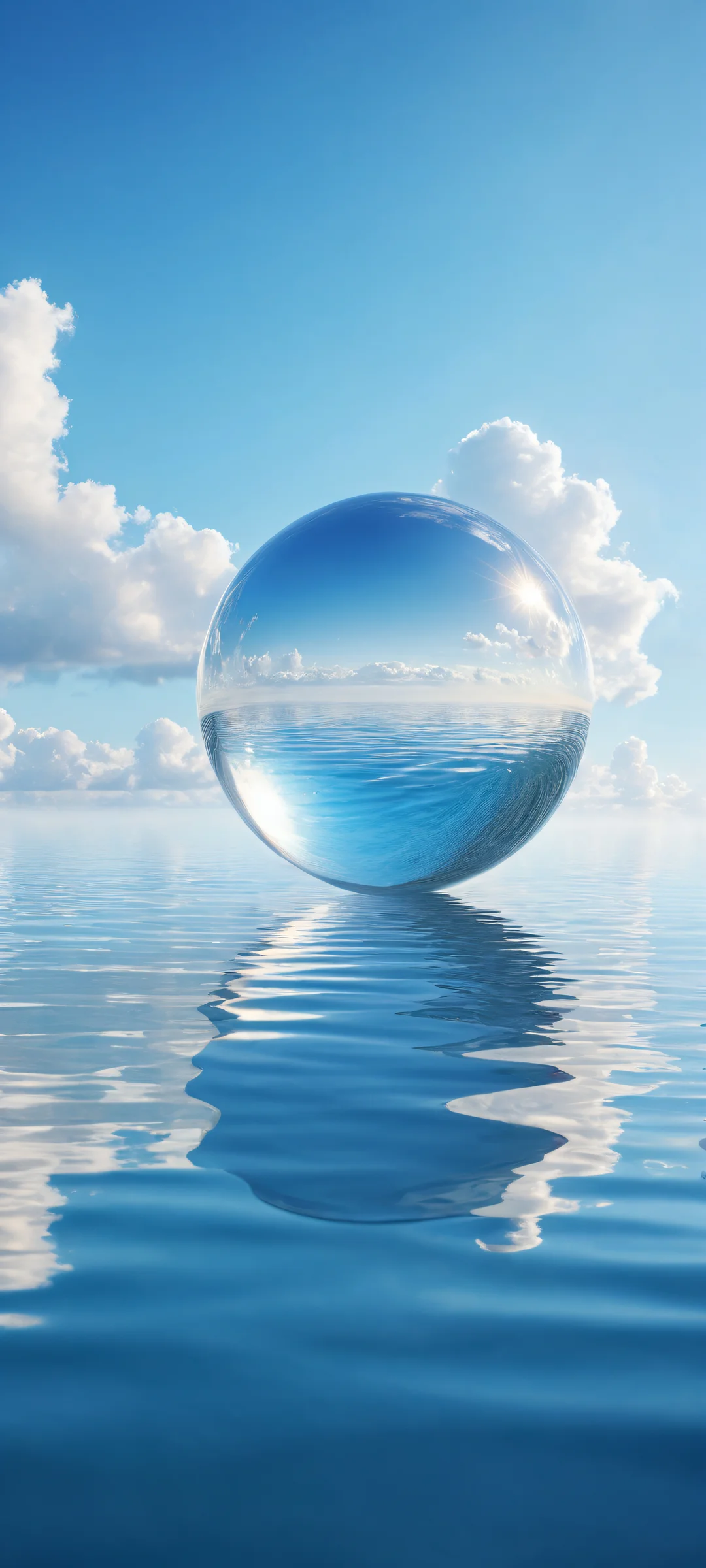 A breathtaking digital artwork of a sphere placed in the lower-middle, with an endless sky and water blending seamlessly. Perfekt optimiert für das iPhone, Samsung Galaxy, und Android-Startbildschirme.