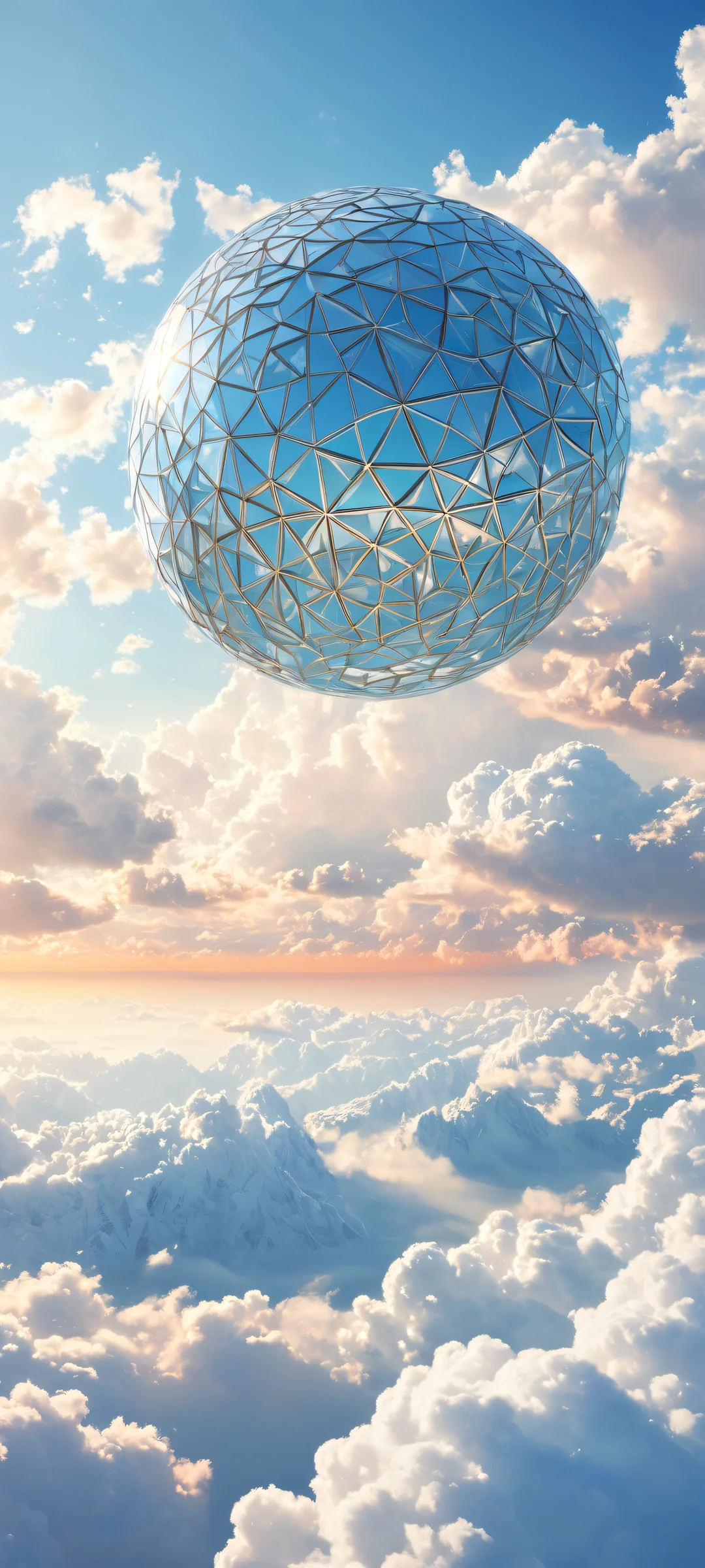 Abstract 3D sphere on a clear blue sky with clouds, perfect for iPhone/Android home screens.