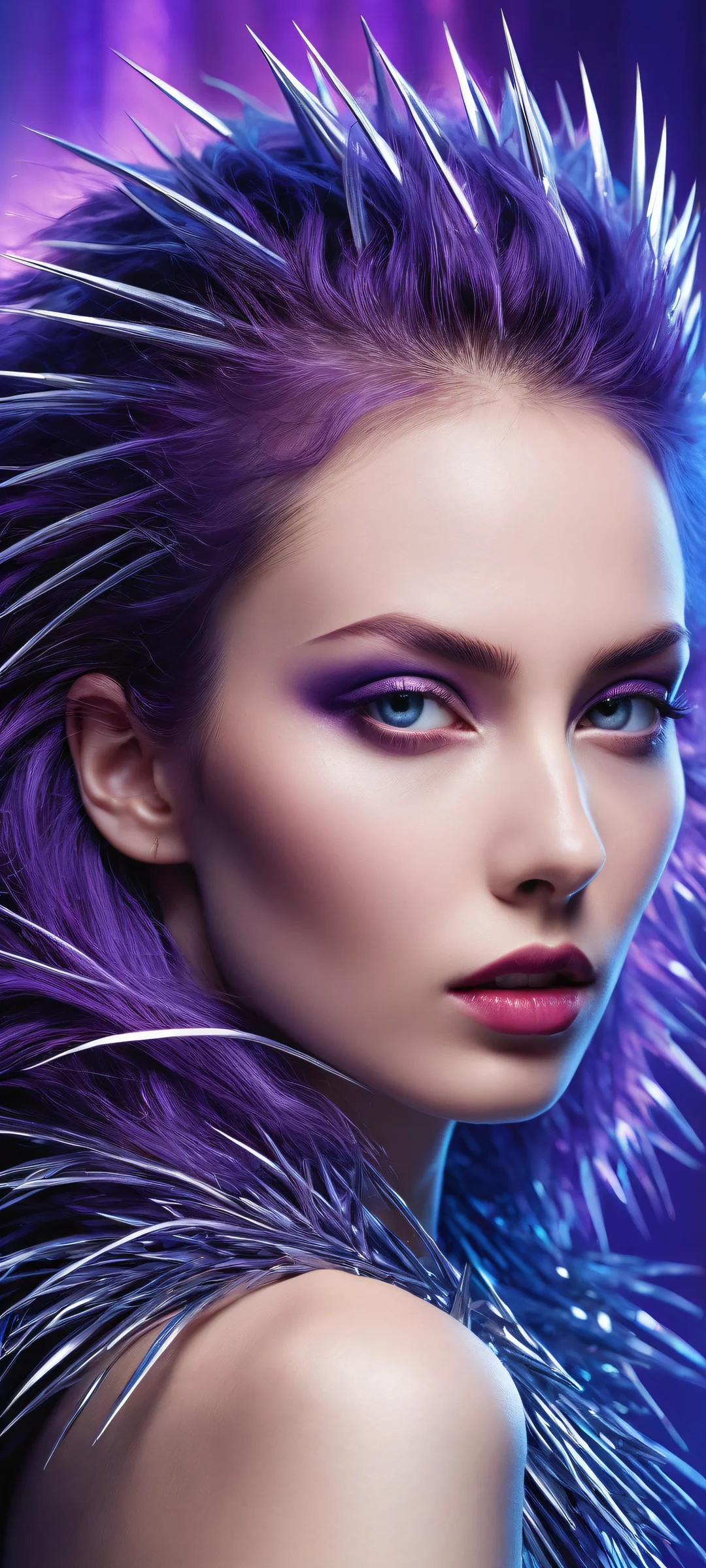 A stunning portrait of spiked hair on iPhone/Android with a dramatic dark blue-purple gradient and ethereal lighting.