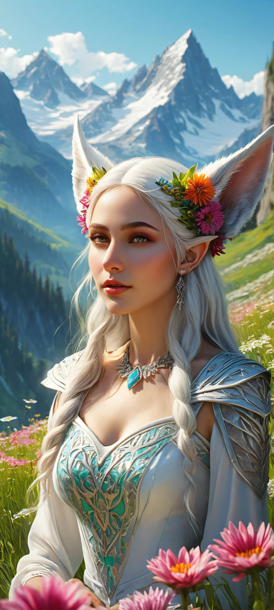 An elf girl surrounded by vibrant flowers and a majestic mountain chain in the background, perfectly optimized for iPhone/Android home screens.
