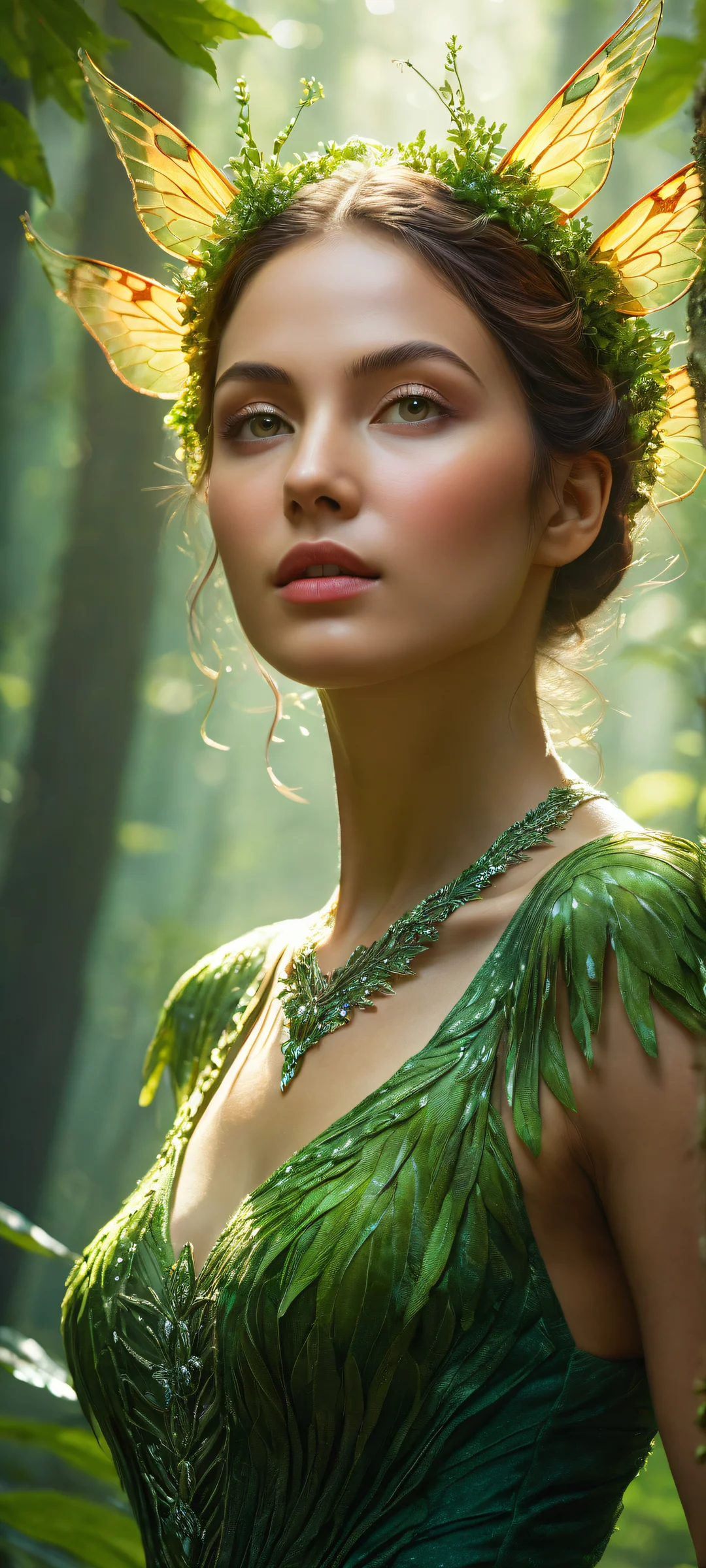 Enchanting forest sprite on a vast pure void background, optimized for iPhone/Android home screens.