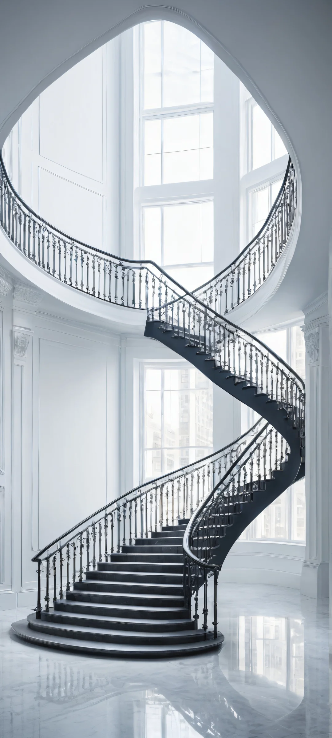 Ethereal Staircase Oasis 2K QHD Home Screen iPhone/Android - a breathtaking office staircase artwork with intricate details and radiant lighting, perfect for your mobile home screen.