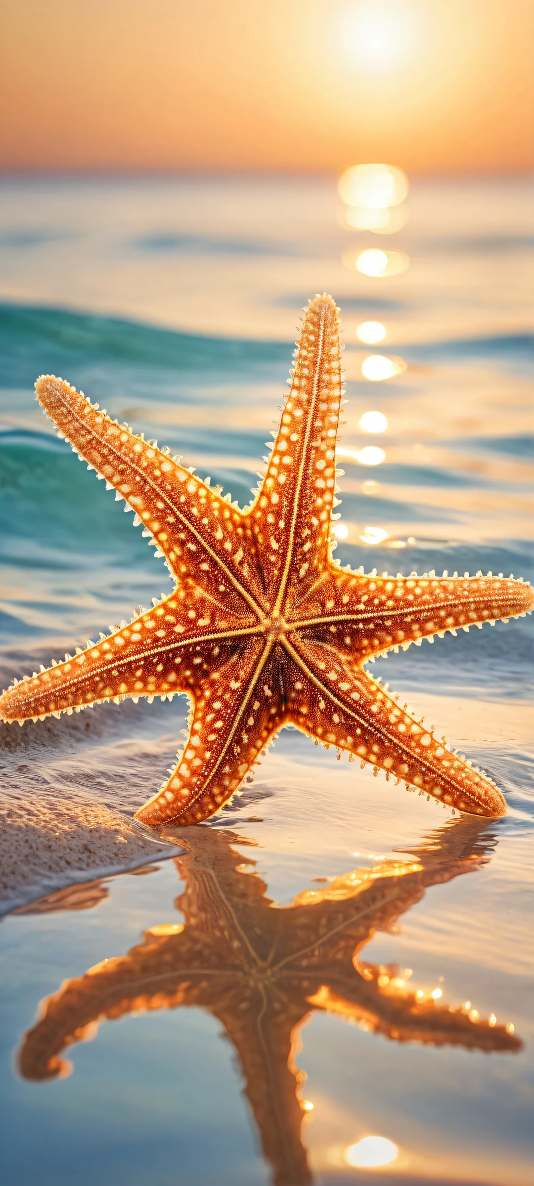 Ethereal Starfish Portrait iPhone & Samsung QHD Fond d'écran A stunning portrait of a starfish with intricate micro-details shining brightly on an iPhone or Android phone's home screen.