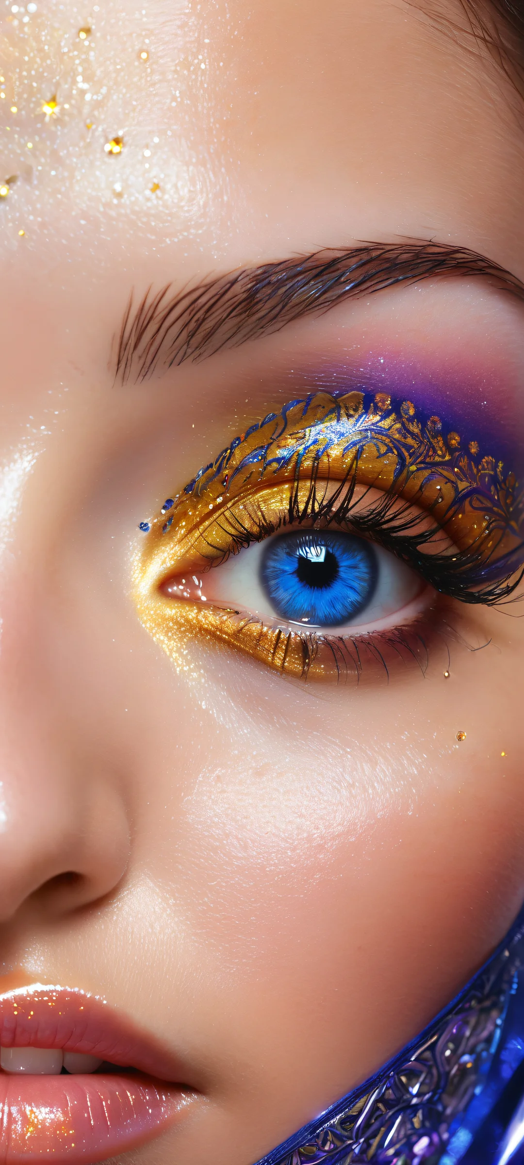 A cosmic portrait of Star Sapphire with iPhone/Android in the background, showcasing intricate patterns and radiant colors.