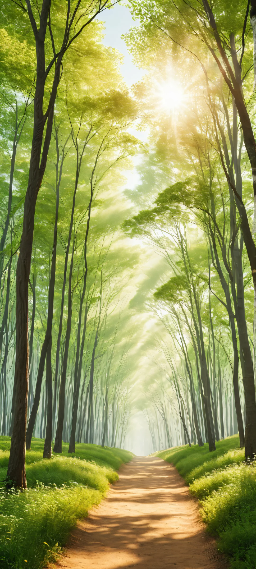 A serene and stunning Korean landscape featuring trees amidst radiant sunlight and intricate details, perfectly suited for iPhone/Android home screens.