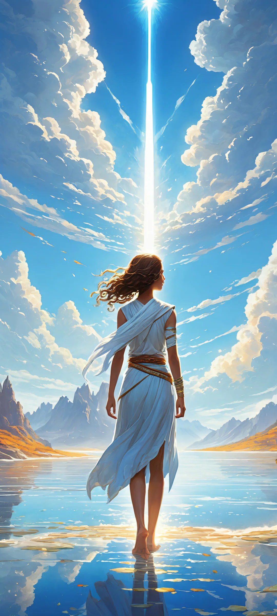 A stunning iPhone/Android wallpaper featuring video game characters from the Children of the Light universe against a serene, blue-tinged void.