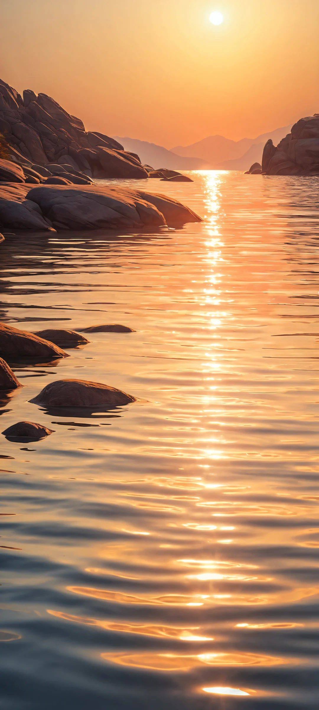 iPhone/Android landscape wallpaper featuring a majestic sun surrounded by water ripples and rocks' textures, perfectly optimized for your mobile home screen.