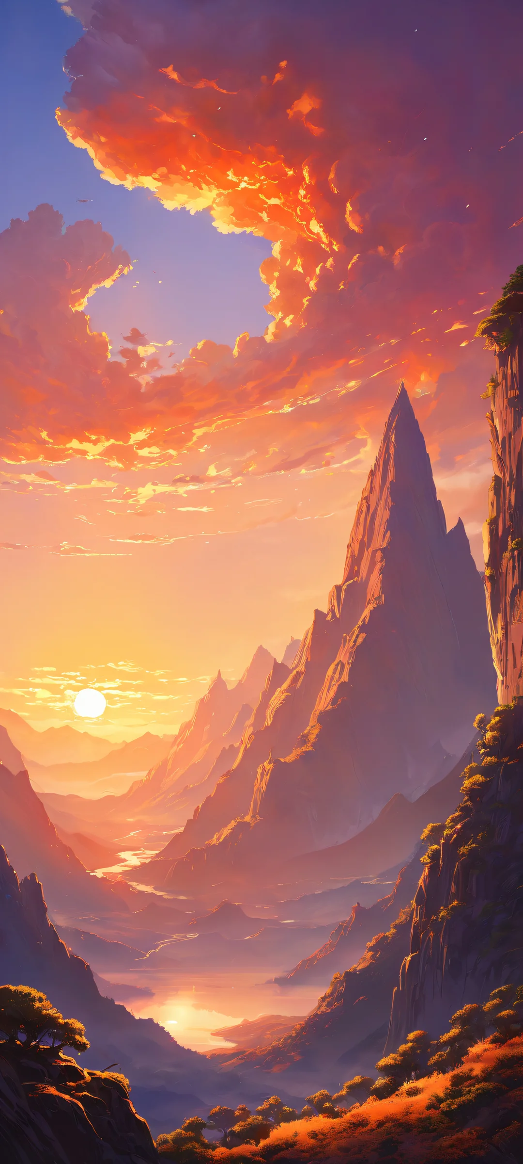 A breathtaking digital artwork of an ethereal woman placed in the lower-middle amidst a majestic mountainous landscape, capturing the essence of sunrise majesty. Perfectly optimized for iPhone, Samsung Galaxy, and Android home screens.