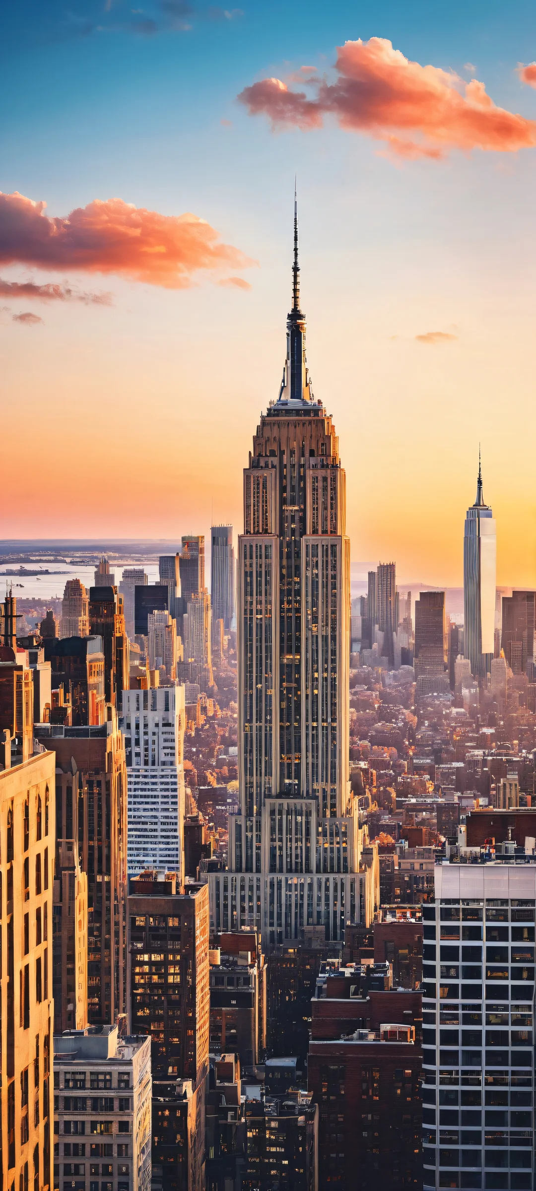 iPhone/Android wallpaper featuring the iconic Empire State Building with intricate city lights and skyscrapers, set against a stunning blue sky with distant clouds.