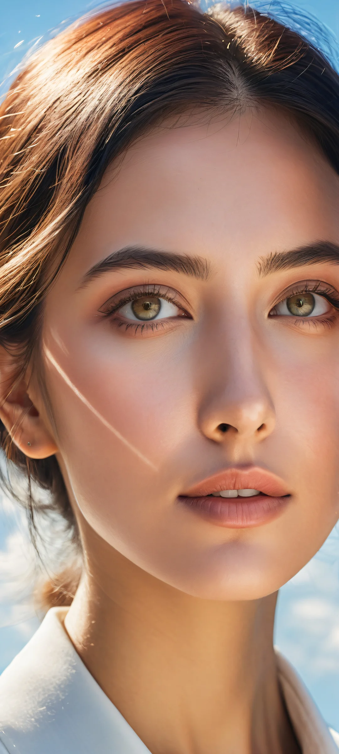 A breathtaking portrait of Callie with intricate micro-details under her eye, set against a beautiful summer sky on an iPhone/Android device.