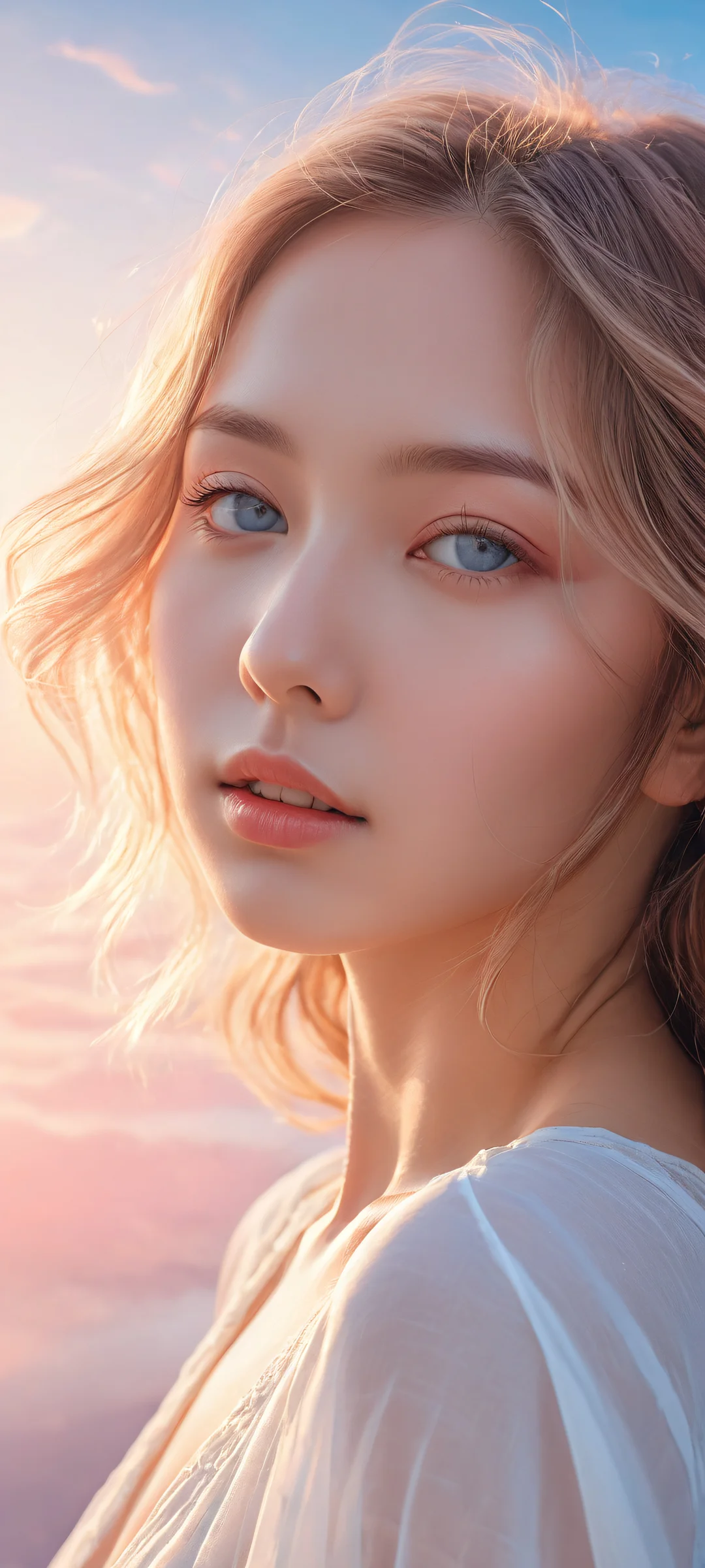 A young girl relaxes in a serene environment with soft pink, blue, and white hues reminiscent of an iPhone or Android wallpaper.