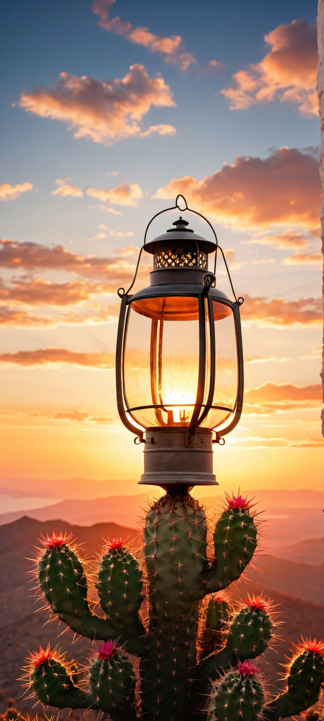 A lone lantern placed in the lower-middle of a breathtaking sunset-kissed cactus amidst vast clouds, perfectly optimized for iPhone and Android home screens.