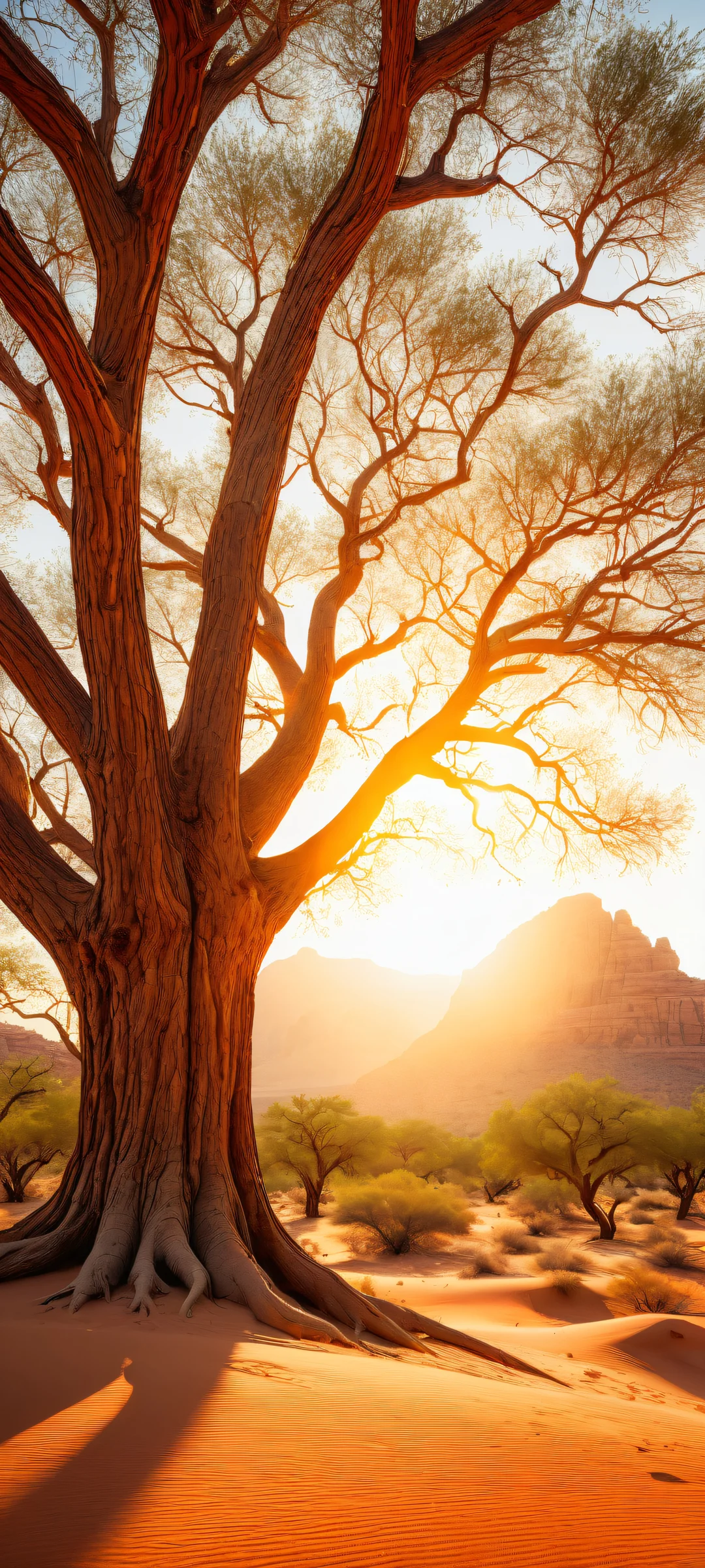 iPhone and Android wallpapers featuring epic trees against a breathtaking desert sunset