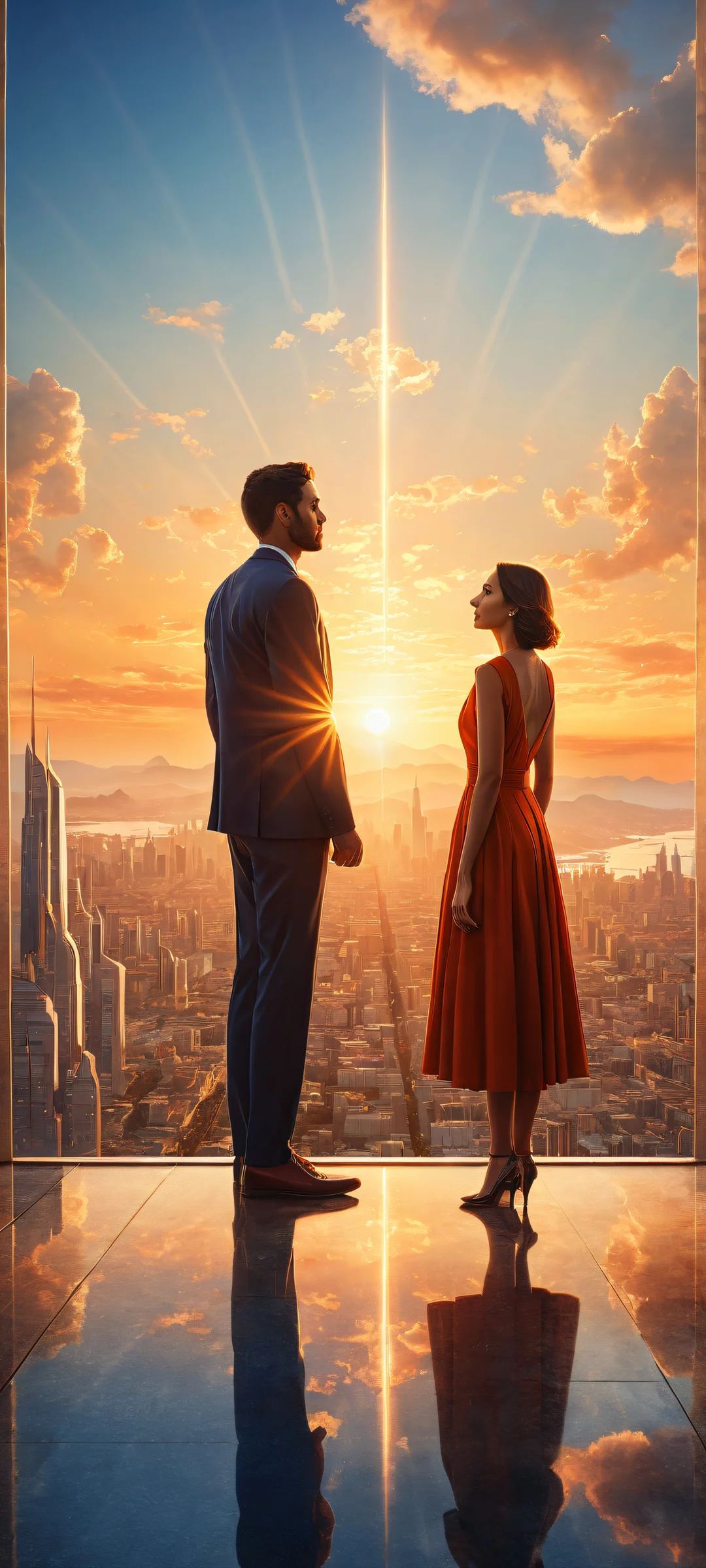 Loving couple in a futuristic cityscape at sunset, perfectly optimized for iPhone/Android home screens.