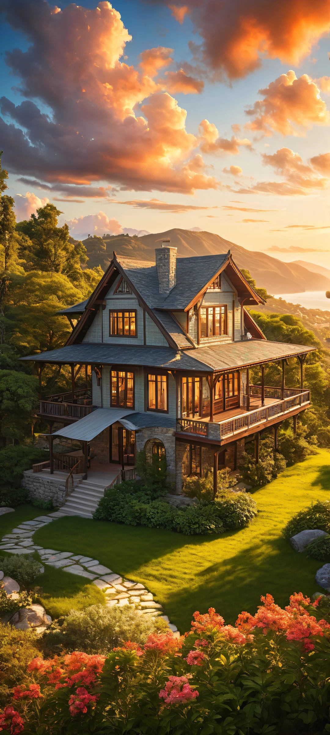 A majestic sunset with intricately detailed clouds and a serene house on an iPhone or Android device.