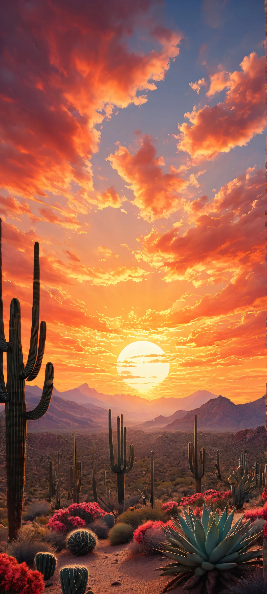 A majestic iPhone/Android wallpaper featuring a stunning sunset scene with intricate micro-details of cacti and clouds. Perfect for your phone's home screen.