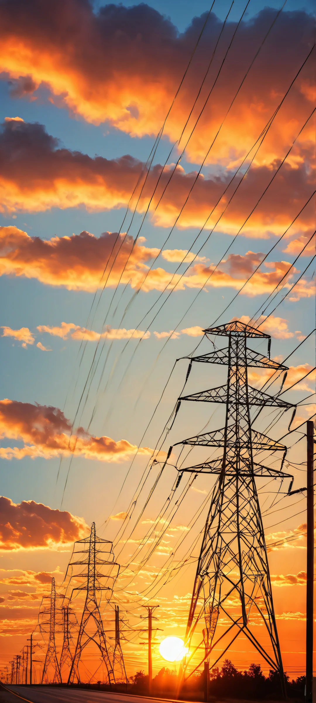 Beautiful sunset landscape with power lines and radiant sunlight on iPhone/Android