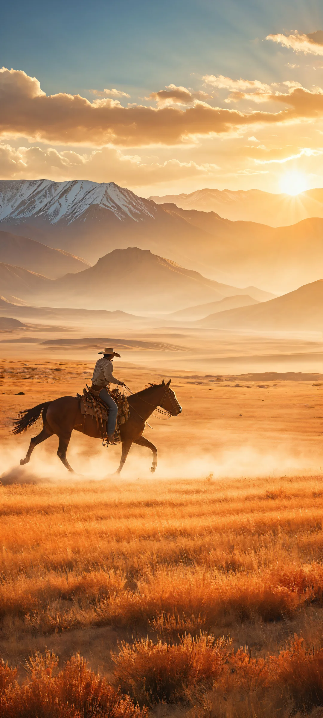 A lone cowboy's horse gallops across the open range on an iPhone or Android device, with pristine clarity and stunning visual impact.