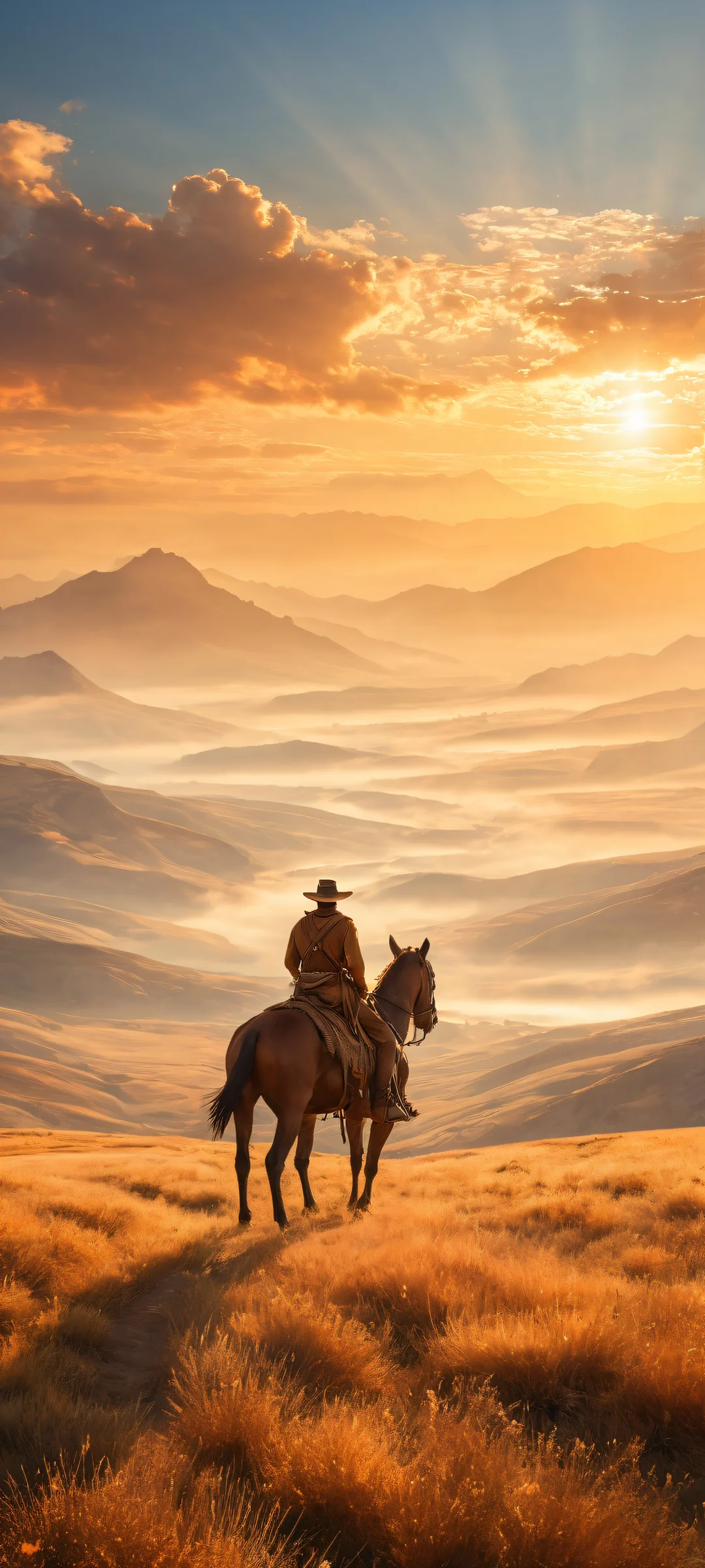 A lone horseman rides into the sunset on your iPhone/Android device, with intricate cloud formations and wispy sky fog in a breathtaking 8K resolution.
