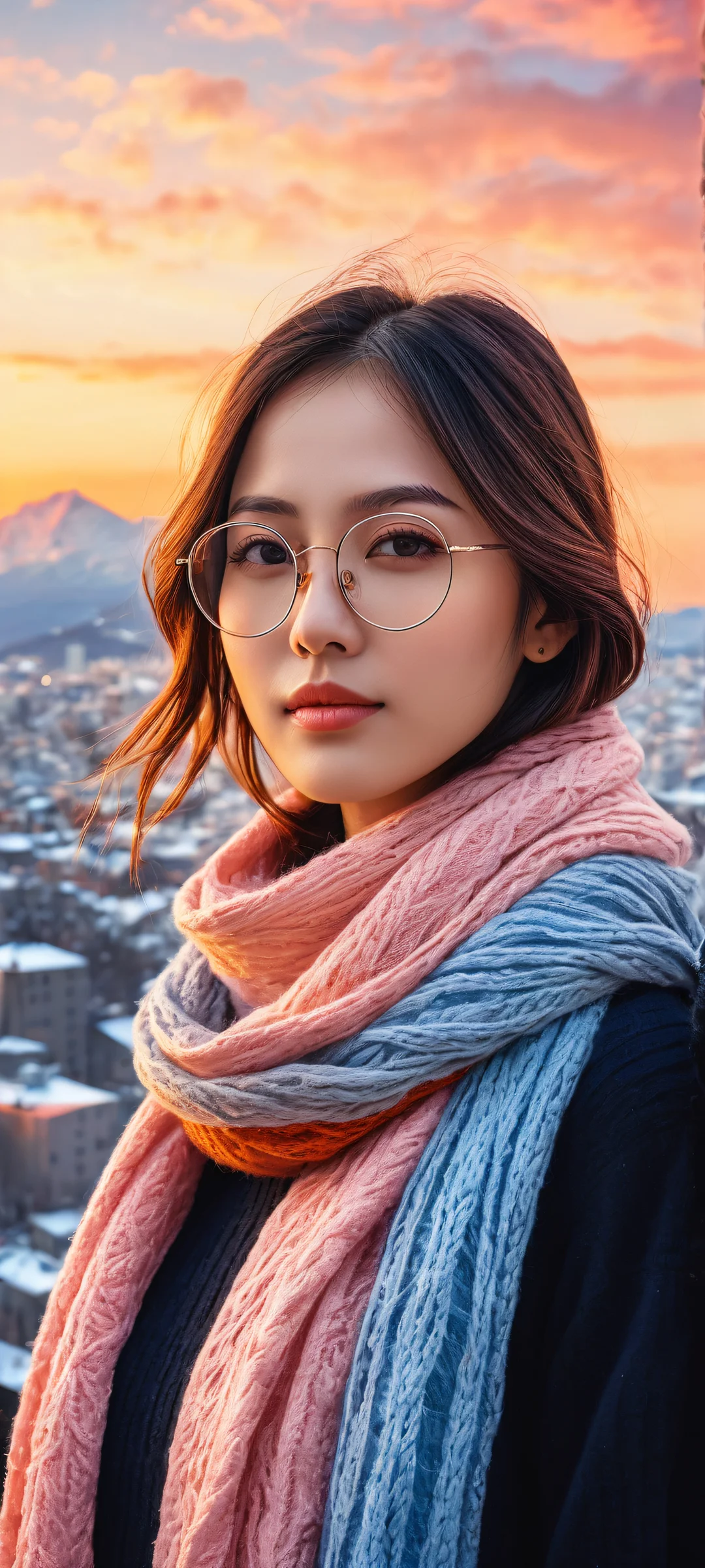 Anime girls surrounded by winter cityscape at sunset on mountains with iPhone/Android in the foreground, award-winning digital art.