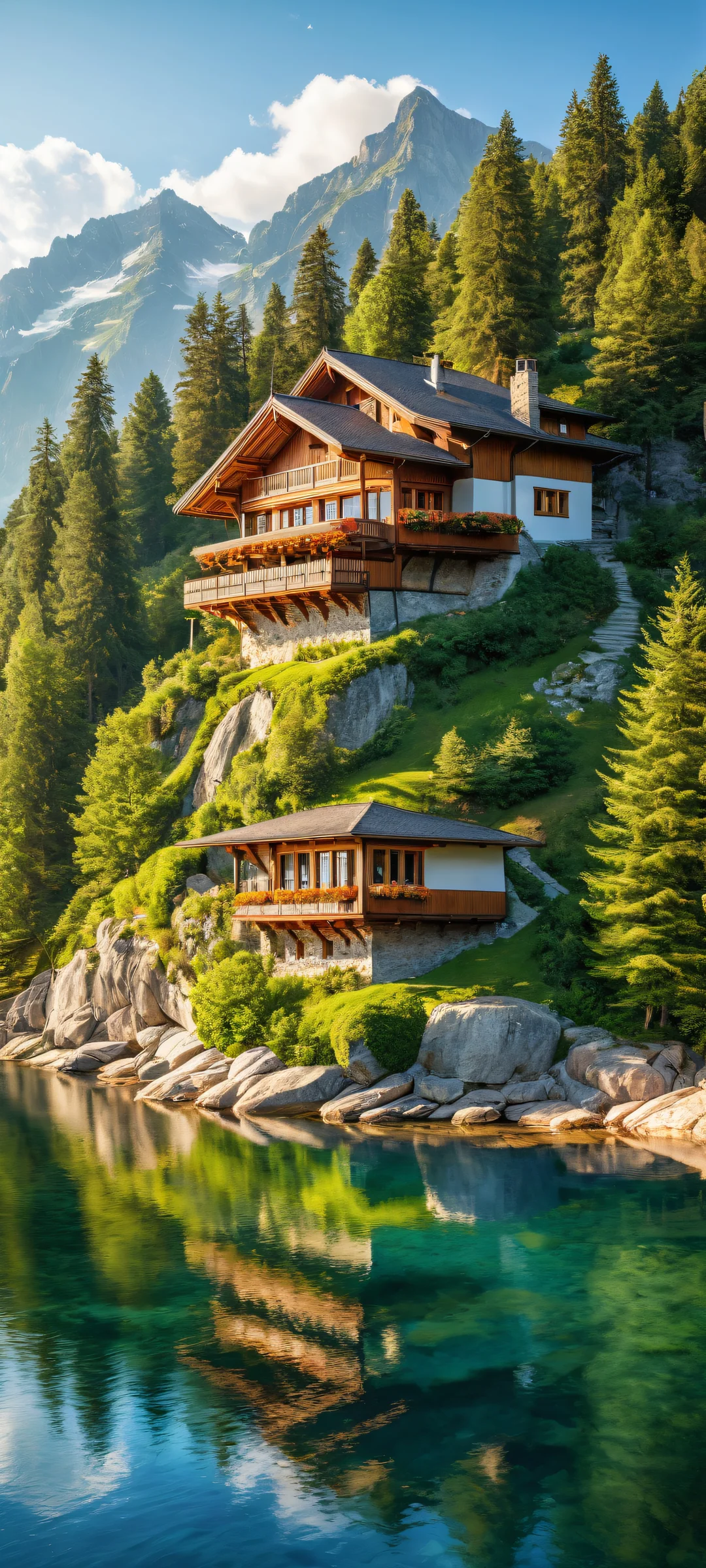 Breathtaking vertical portrait artwork of House in the lower-middle with micro-details, surrounded by serene Swiss valley landscape featuring rolling hills, distant mountains, and a tranquil lake - perfect for iPhone/Android home screens.