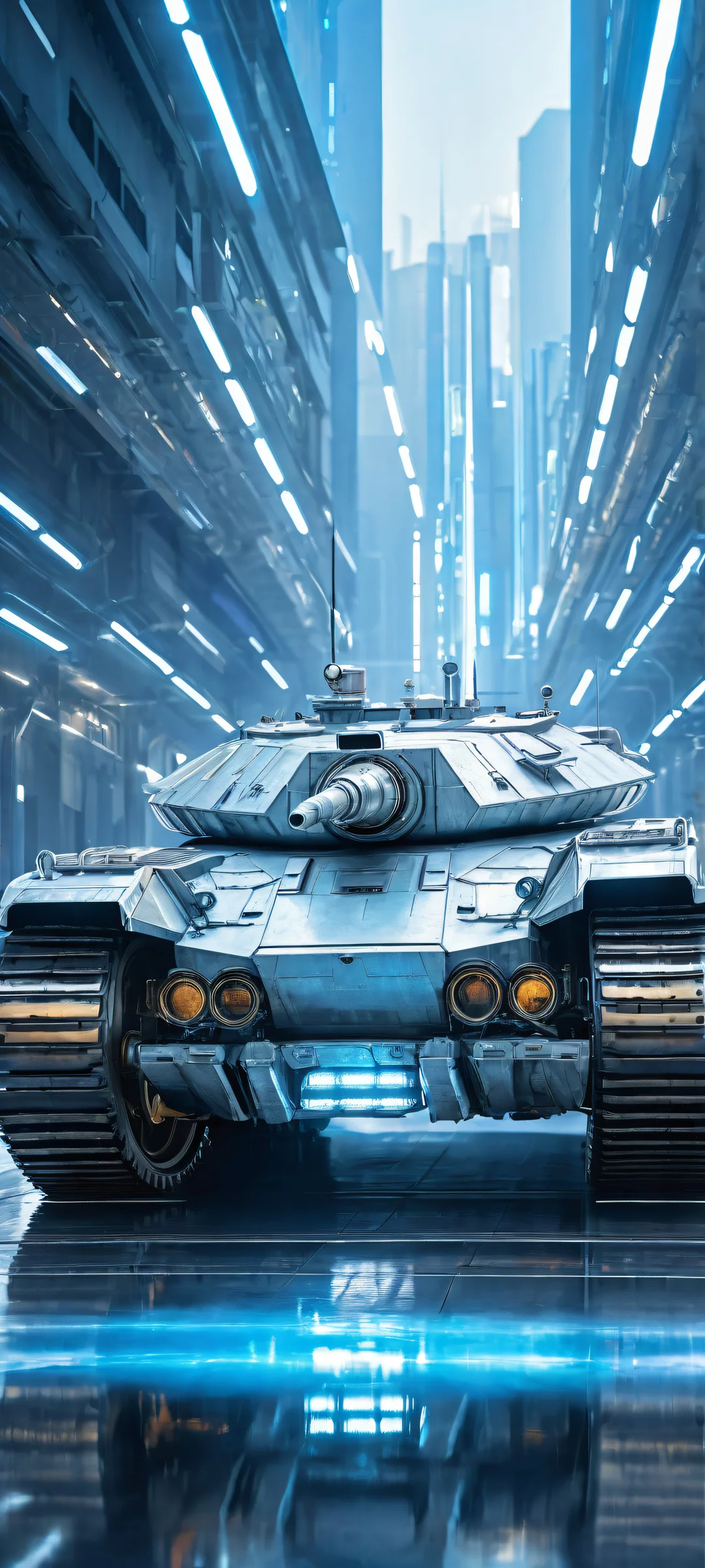 Ethereal Tank Portrait QHD Smartphone Background Breathtaking vertical portrait of a SemlaStyle tank on an iPhone/Android phone's home screen, with intricate micro-details and a pristine void.