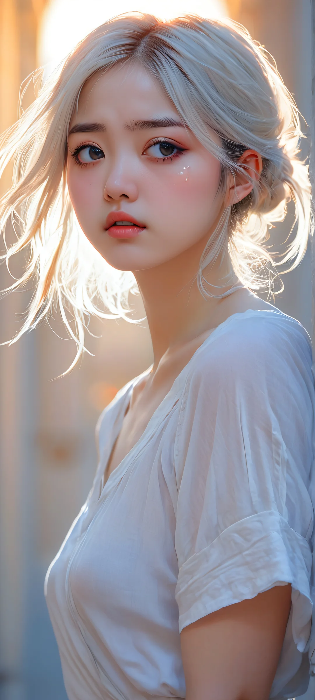 A young anime girl stands in the distance, looking directly at you with tears in her black eyes. Perfectly optimized for iPhone and Android home screens.