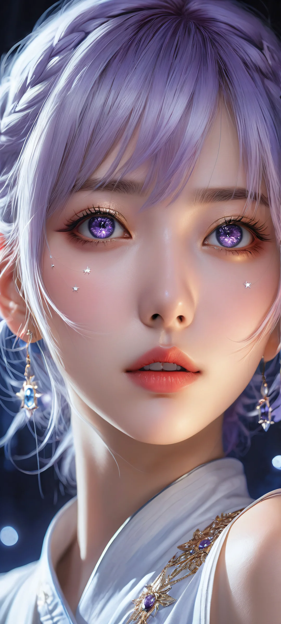 Anime girls in the lower middle with detailed eyelashes and star eyes conveying sadness, against a pure void top half and subtle black background, perfectly optimized for iPhone/Android home screens.