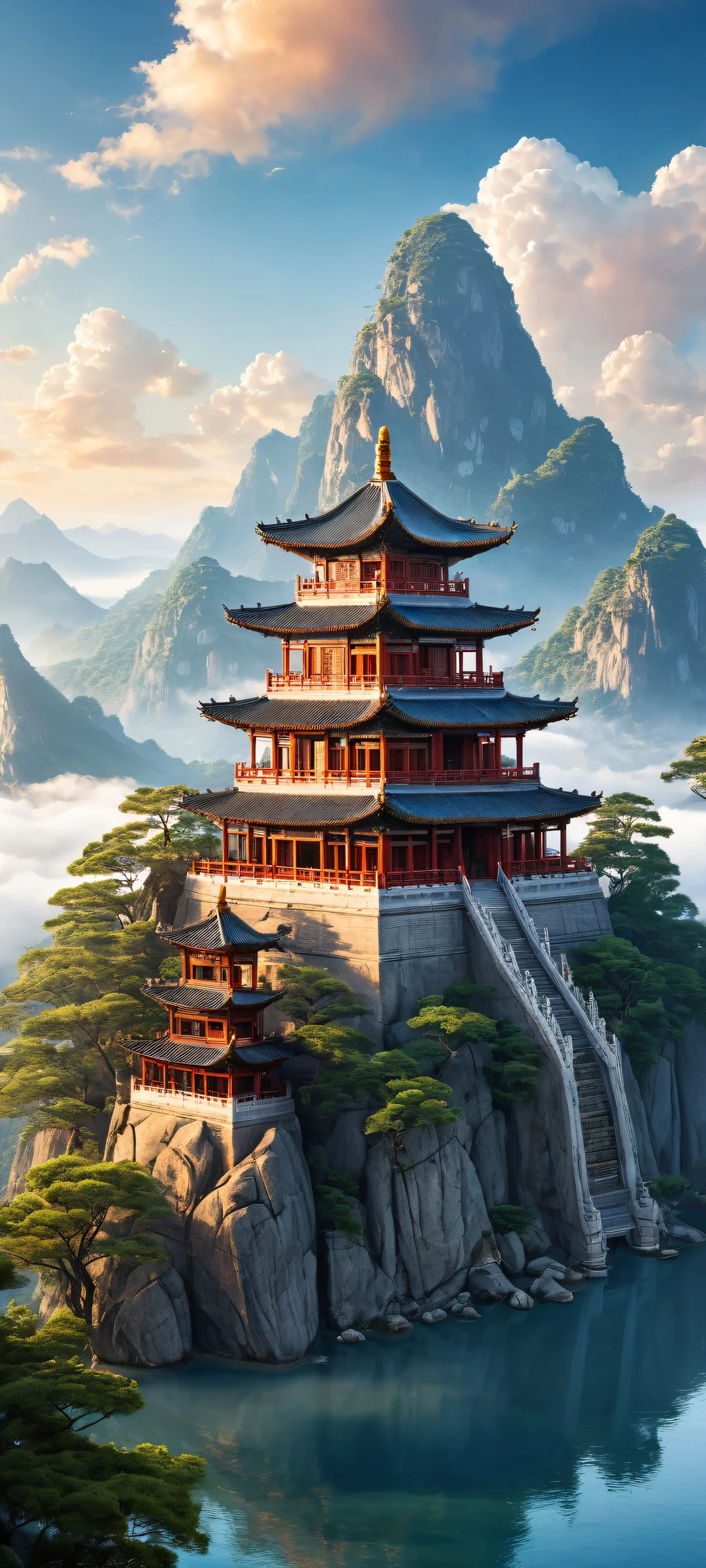 A majestic ancient temple on a serene landscape with fluffy white clouds and vast open sky, perfekt optimiert für das iPhone, Samsung Galaxy, und Android-Startbildschirme.