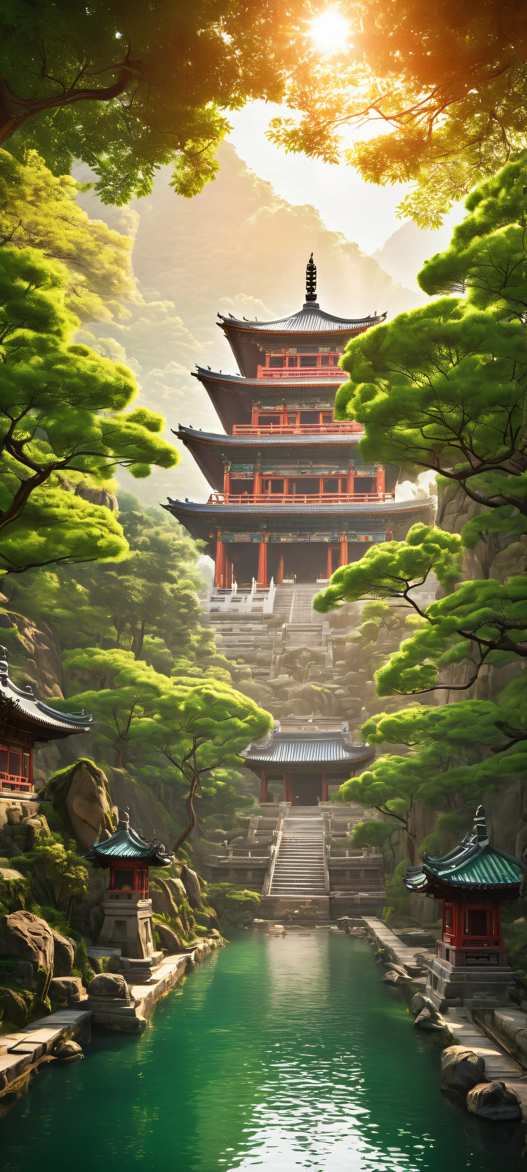 Majestic Asian temple on iPhone/Android with intricate carvings and mystic symbols, surrounded by lush forest and vibrant green trees.