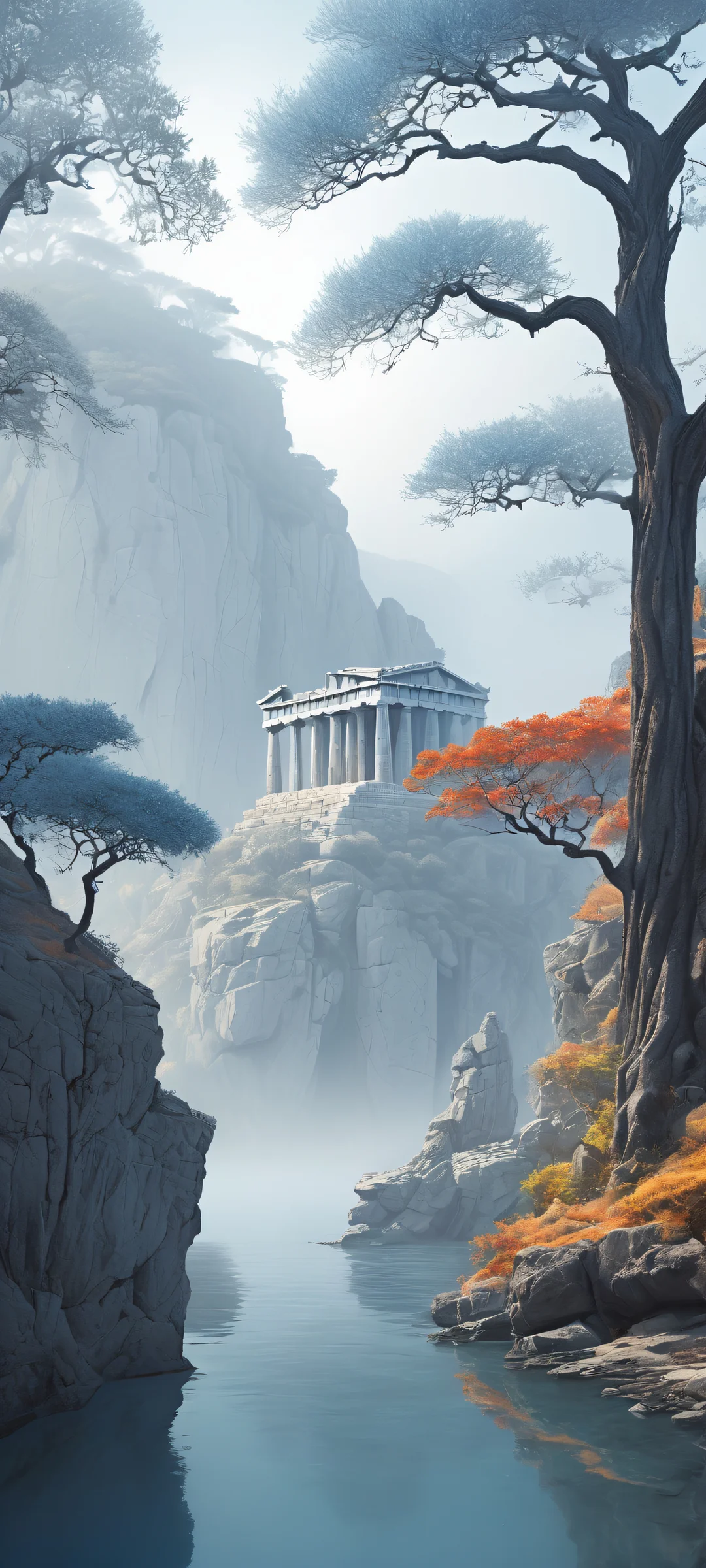 iPhone/Android wallpaper of a whimsical digital painting featuring an ancient Greek temple standing atop a cliff overlooking the sea, surrounded by mist and fog.