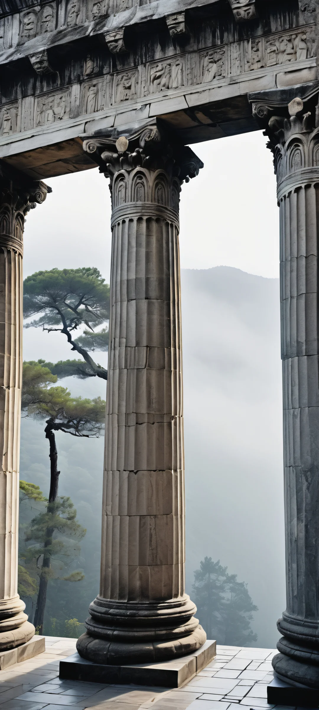 A breathtaking digital artwork featuring ancient Greek temple pillars with intricate carvings and weathered stone. Perfectly optimized for iPhone, Samsung Galaxy, and Android home screens.