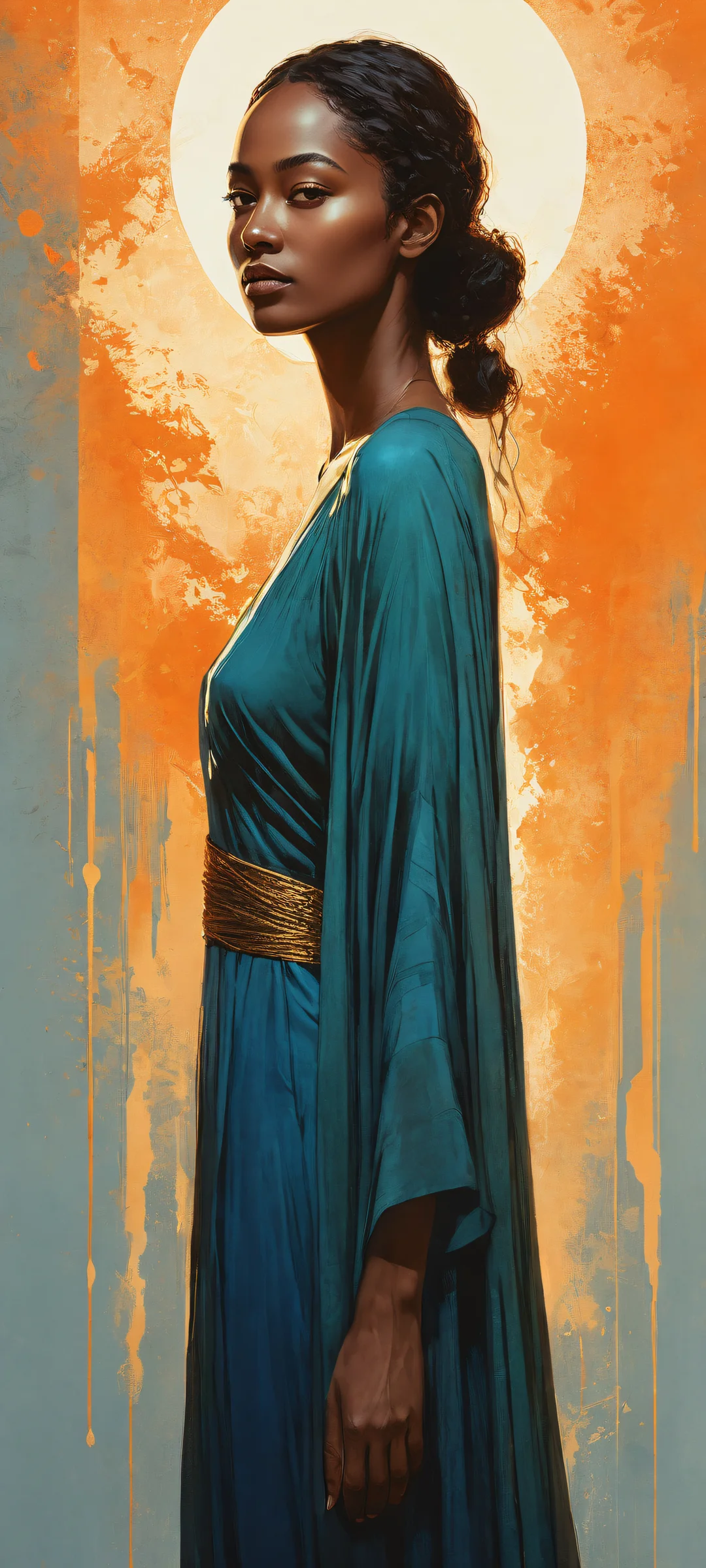 A mysterious figure against a gradient backdrop of deep blues and oranges, perfectly optimized for iPhone and Android home screens.