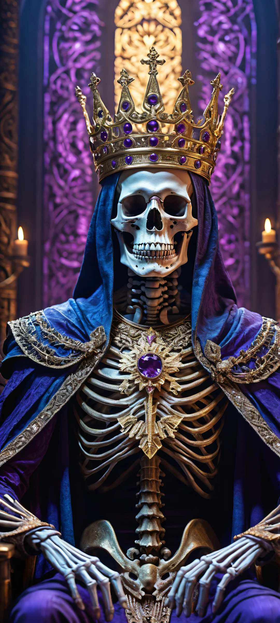 The Skeleton King sits majestically on his throne, surrounded by an ancient, mysterious atmosphere. Parfait pour les écrans d'accueil iPhone/Android.