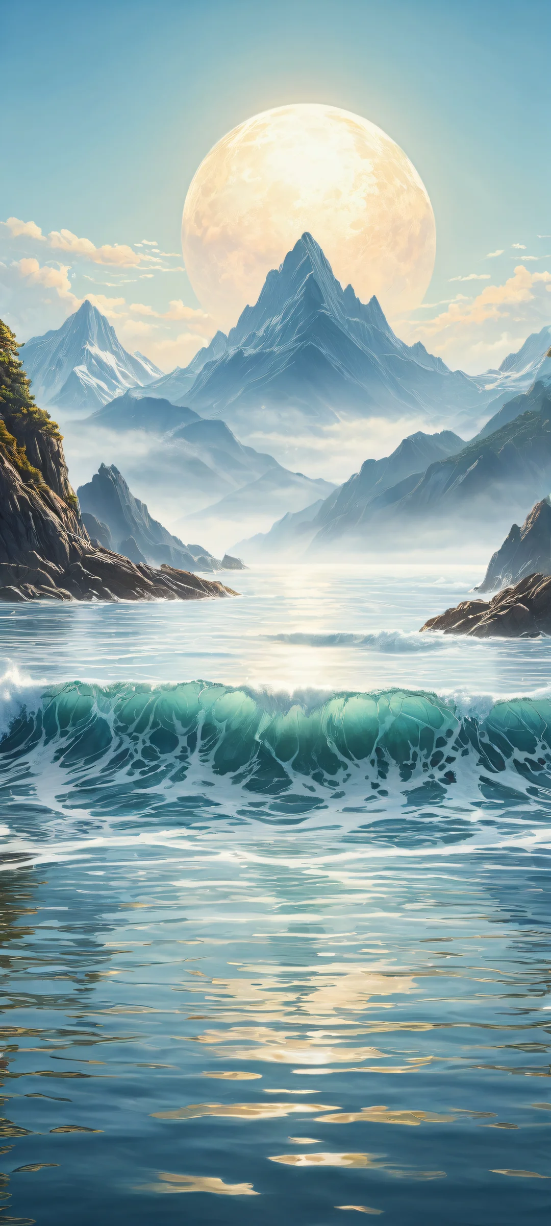 Ornate sea creatures in the foreground, set against a vast blue sky with majestic mountains and serene coastline on iPhone/Android