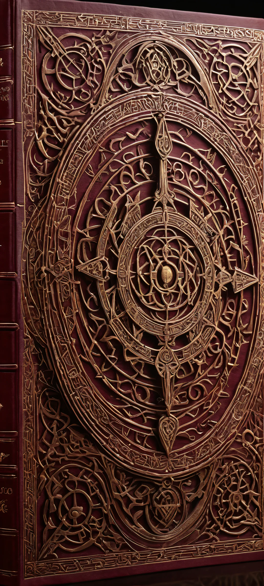 Mysterious ancient tome with intricate runes and symbols on a deep maroon background, perfect for iPhone/Android home screens.