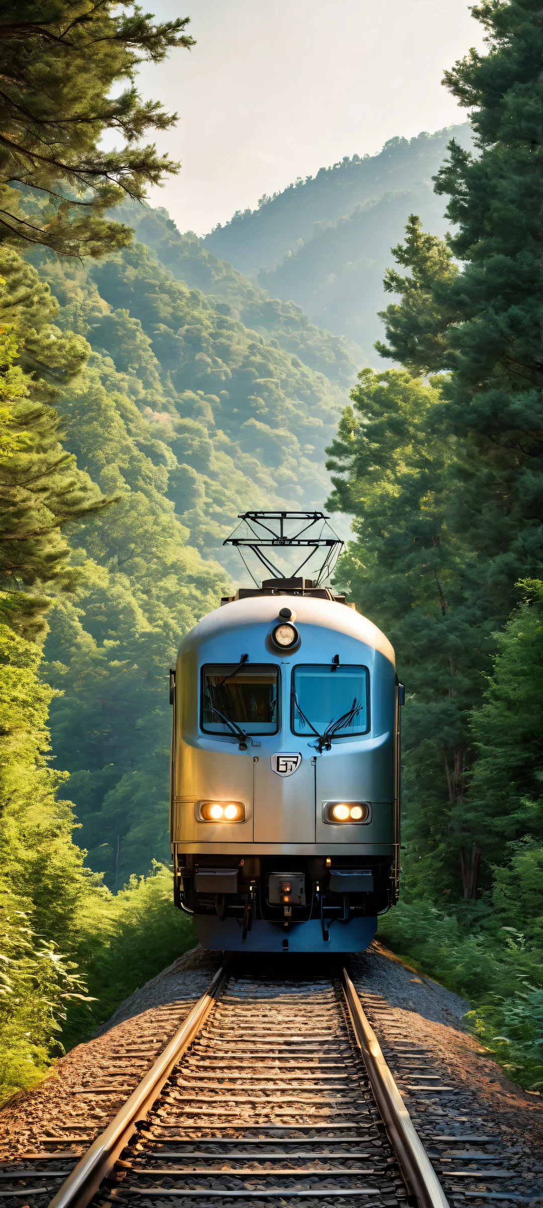Breathtaking digital artwork of a train on a serene outdoors setting, perfectly optimized for iPhone/Android home screens.