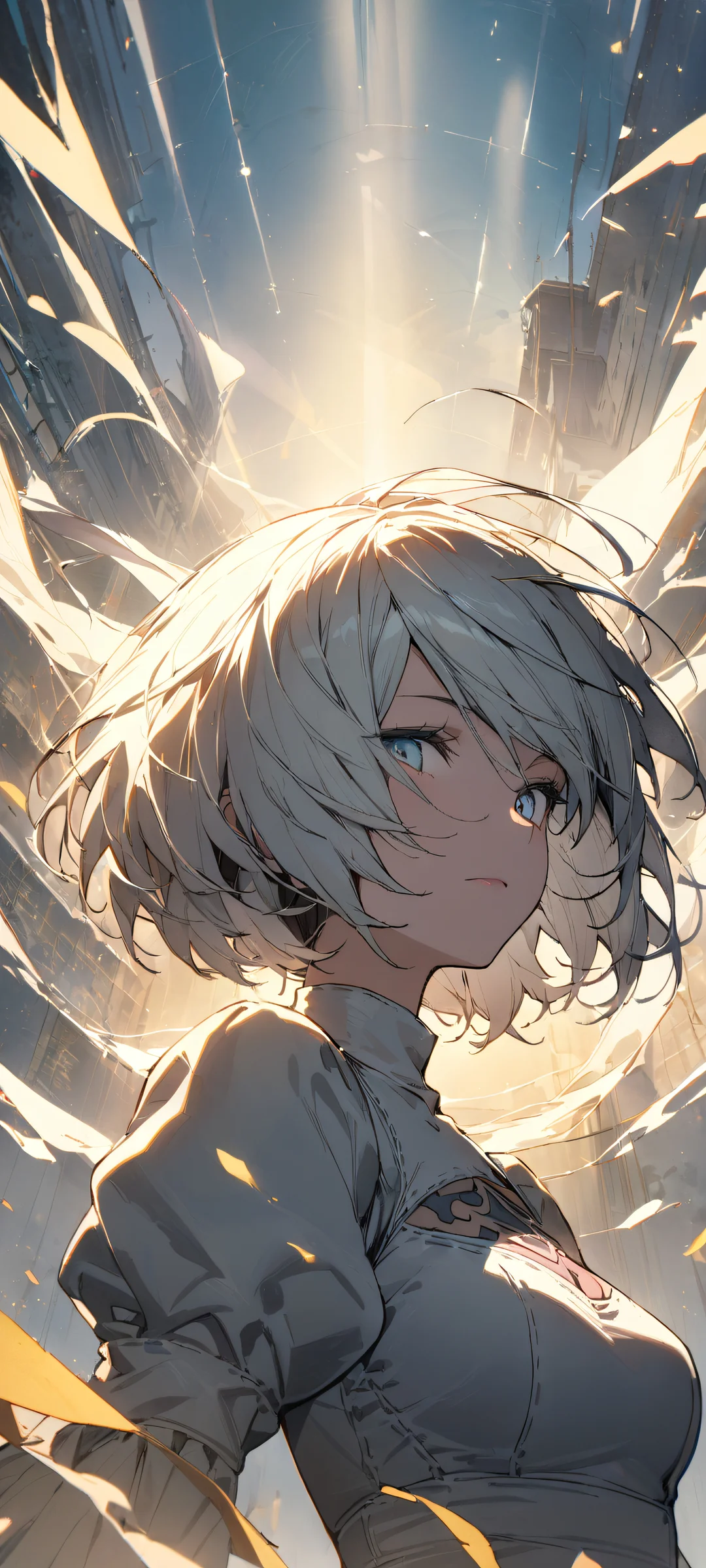 Ai Tanabe from Nier Automata looking at viewer on a perfectly clean and smooth iPhone/Android background with pastel blue, golden yellow, and creamy white hues evoking tranquility.