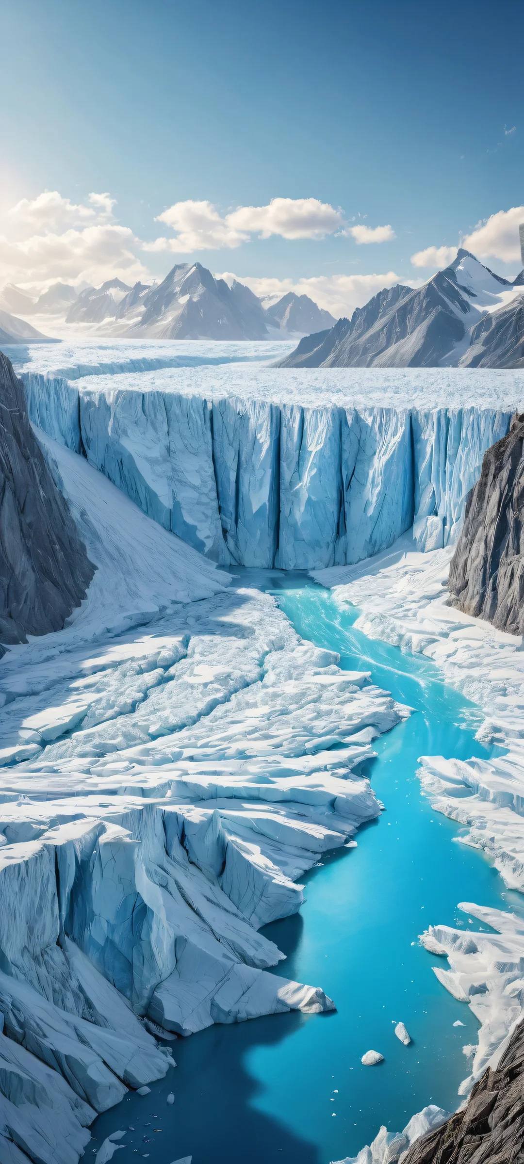 iPhone/Android users will love this breathtaking digital art of a glacier landscape against turbulent grey-blue skies, with radiant colors and ray-traced reflections.