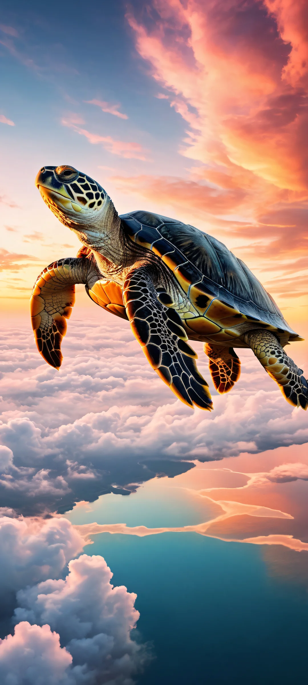 A majestic turtle in a serene sunset landscape on an iPhone or Android phone screen.