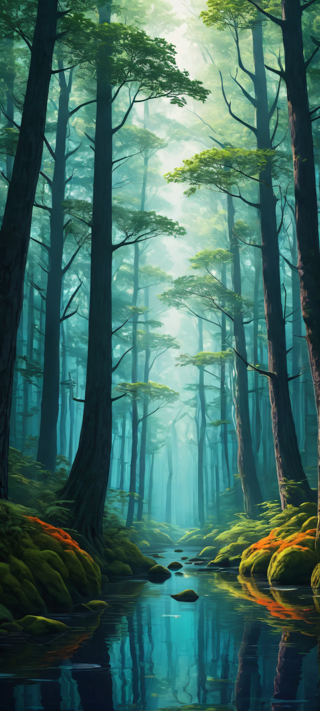 A dark and eerie forest illustration on iPhone/Android with vibrant colors and subtle ray traced reflections.