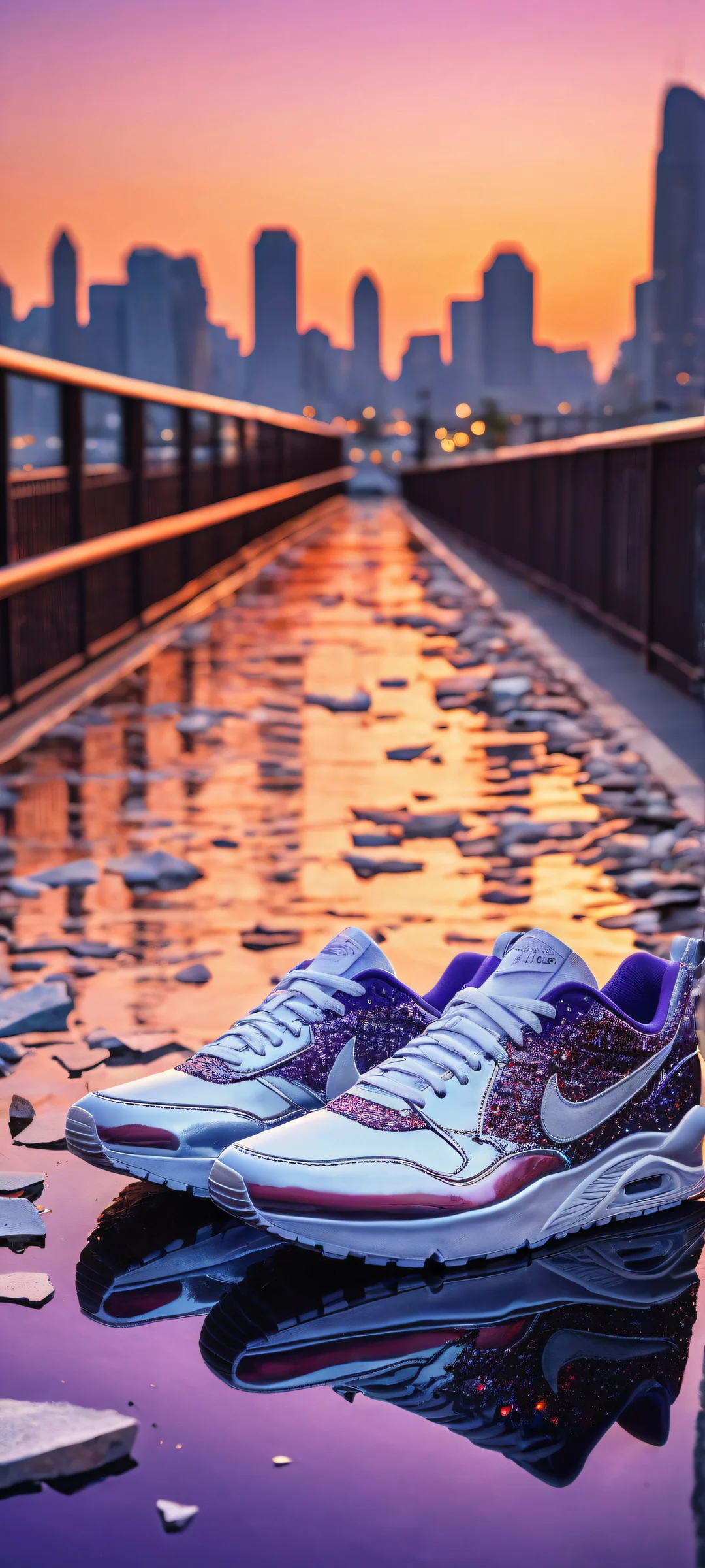A stunning vertical portrait artwork featuring a mature female's sneakers amidst shattered glass shards and an urban cityscape at dusk, perfect for iPhone or Android home screens.