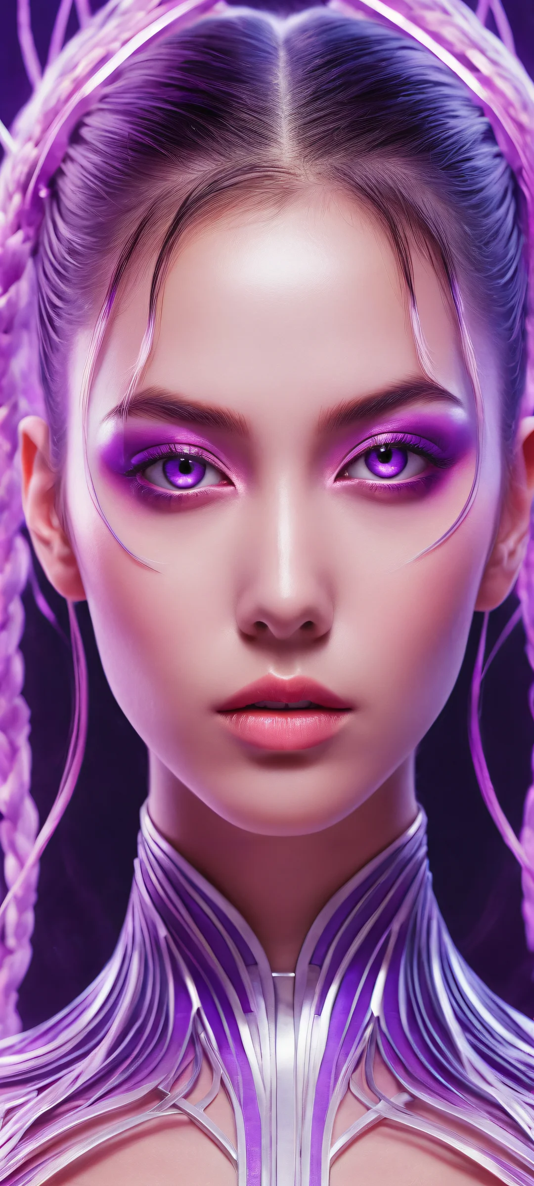 A futuristic girl with twintails and purple eyes set against a subtle gradient background, perfectly optimized for iPhone, Samsung Galaxy, and Android home screens.