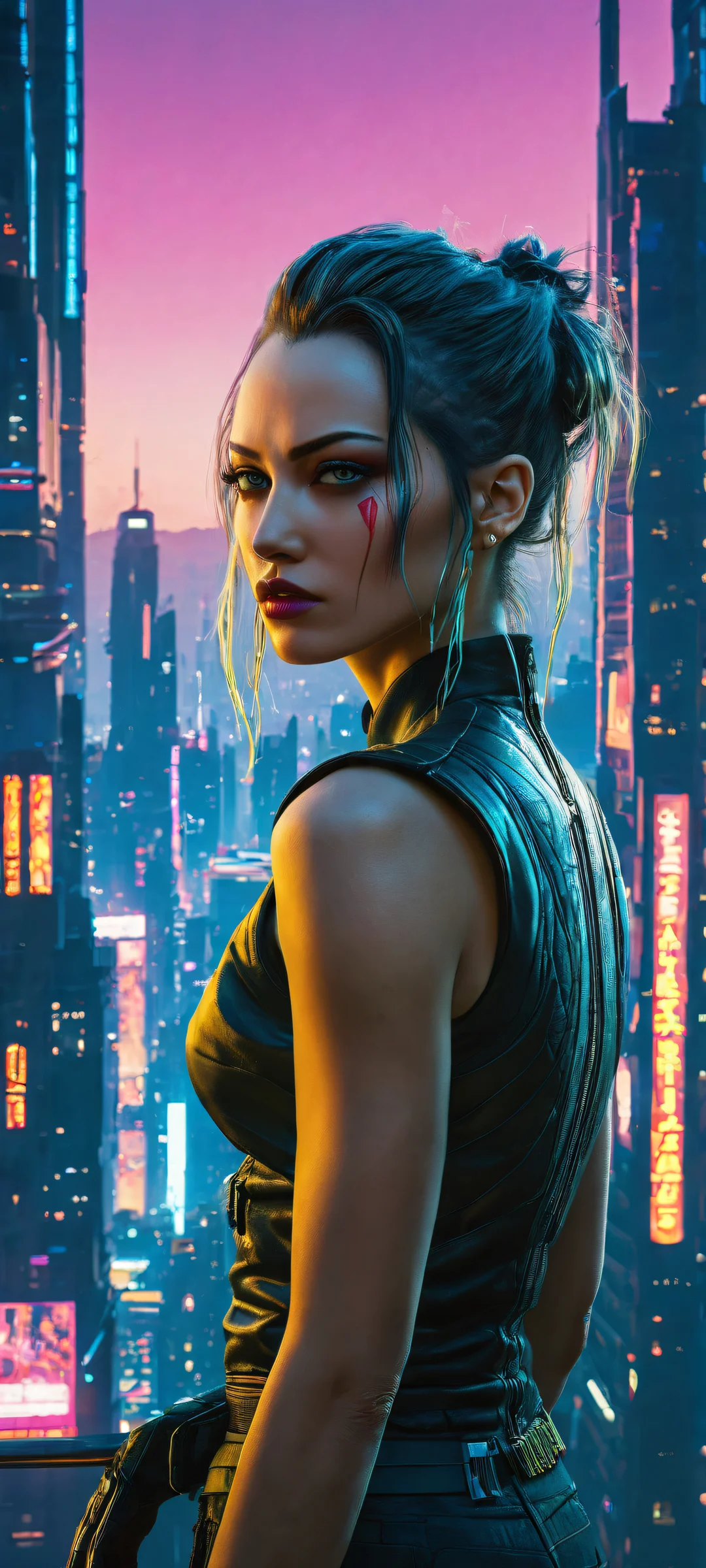 A breathtaking portrait of V from Cyberpunk 2077 on a iPhone or Android device, with stunning cyberpunk cityscape and intricate details.