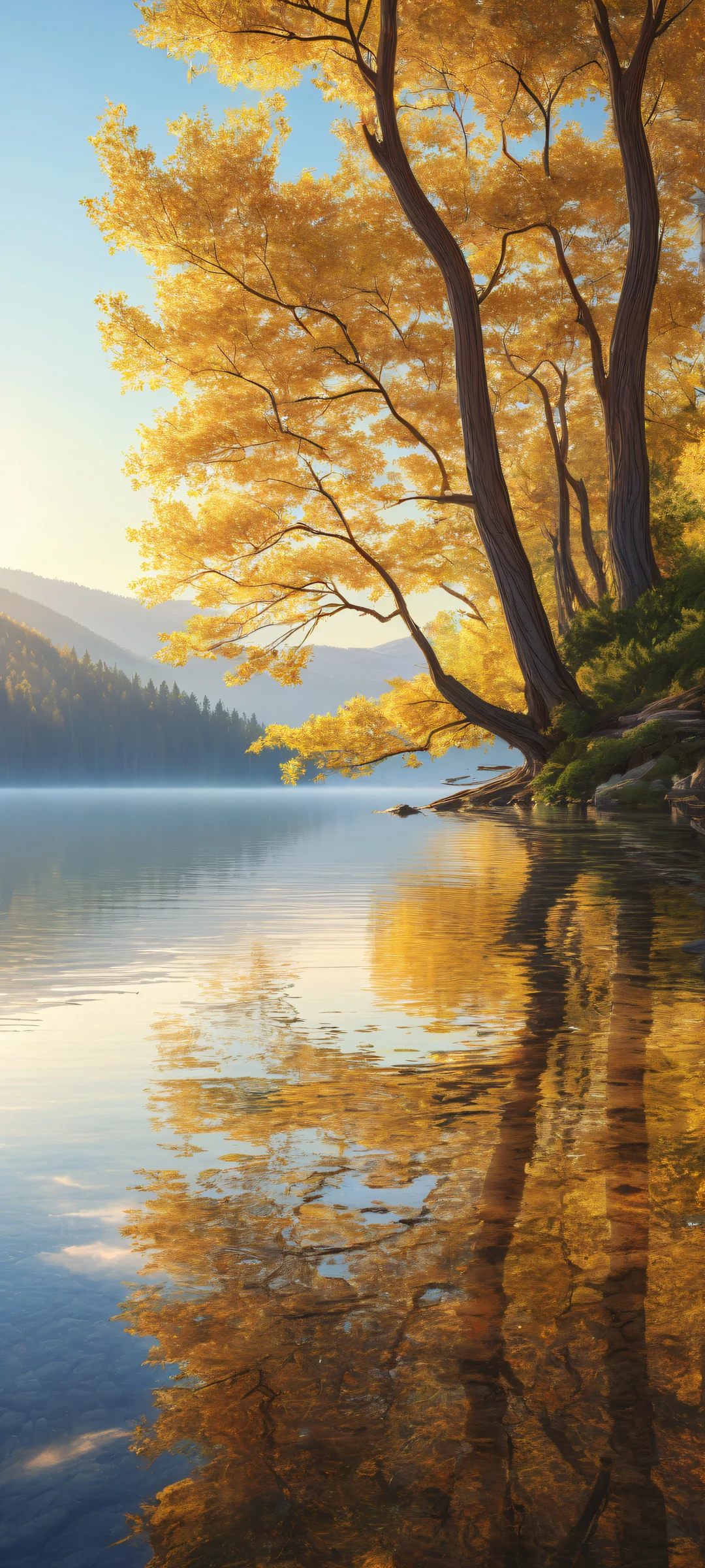 iPhone and Android users will marvel at this breathtaking vertical portrait of trees set against a vast pure void, valley landscape with lake in the distance, house on the shore, and forest stretching to the horizon. The intricate micro-details of forest textures and natural patterns create an immersive experience.